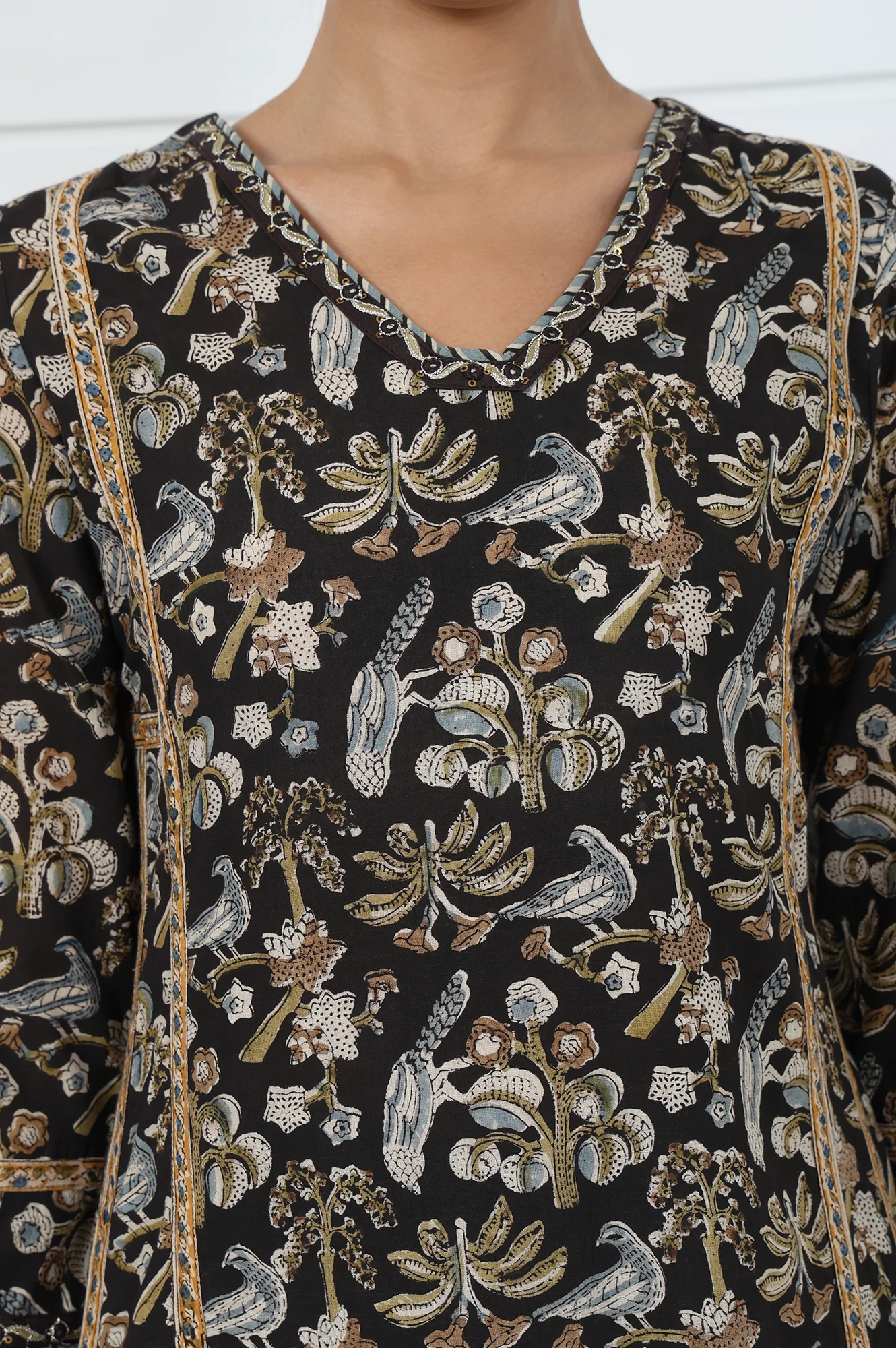Brown Printed Printed Mirror Work Pure Cotton Flared Kurta - Image 3