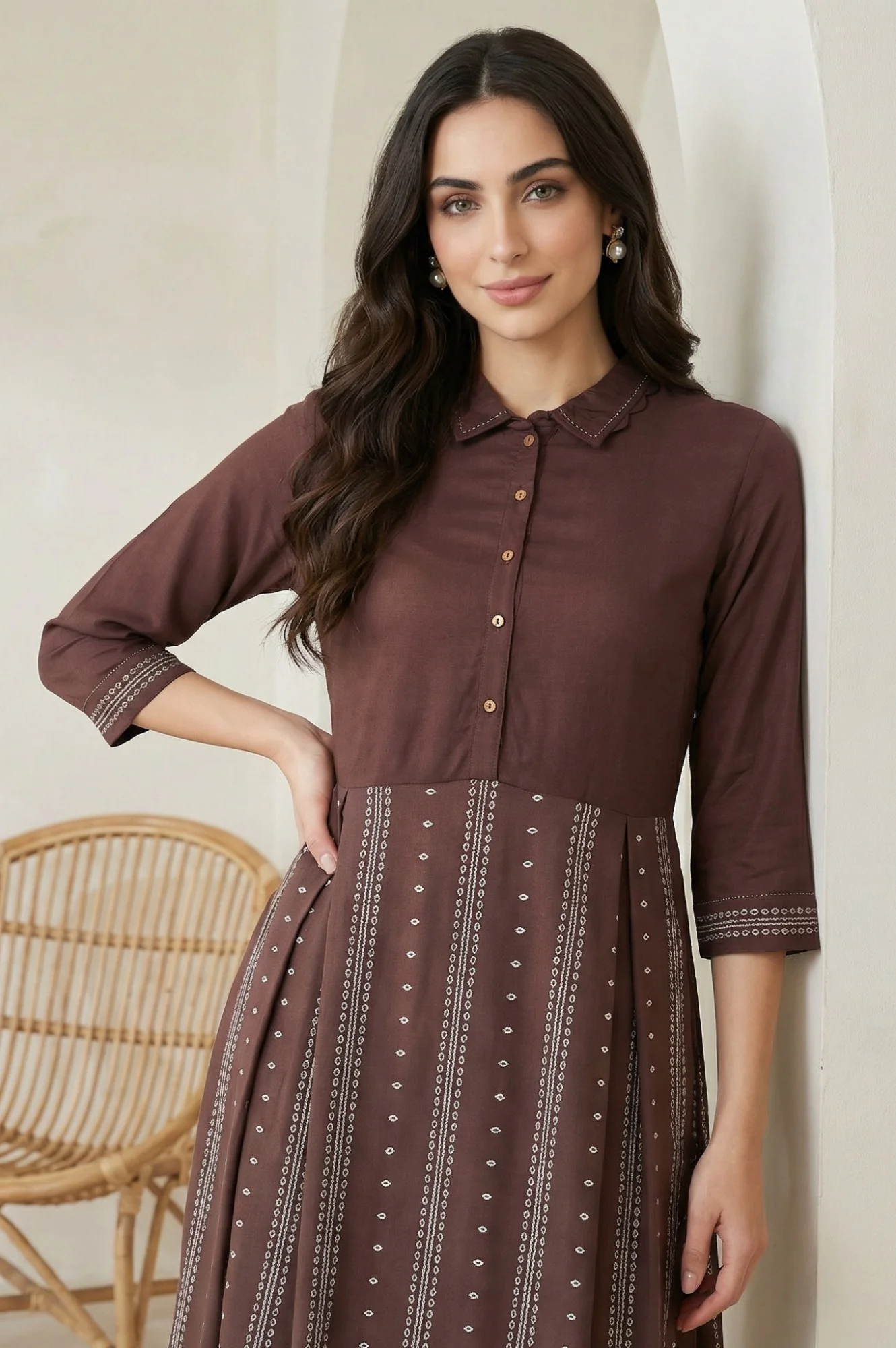 Brown Printed Shirt Collar Flared Kurta With Minimal Thread Work - Image 2