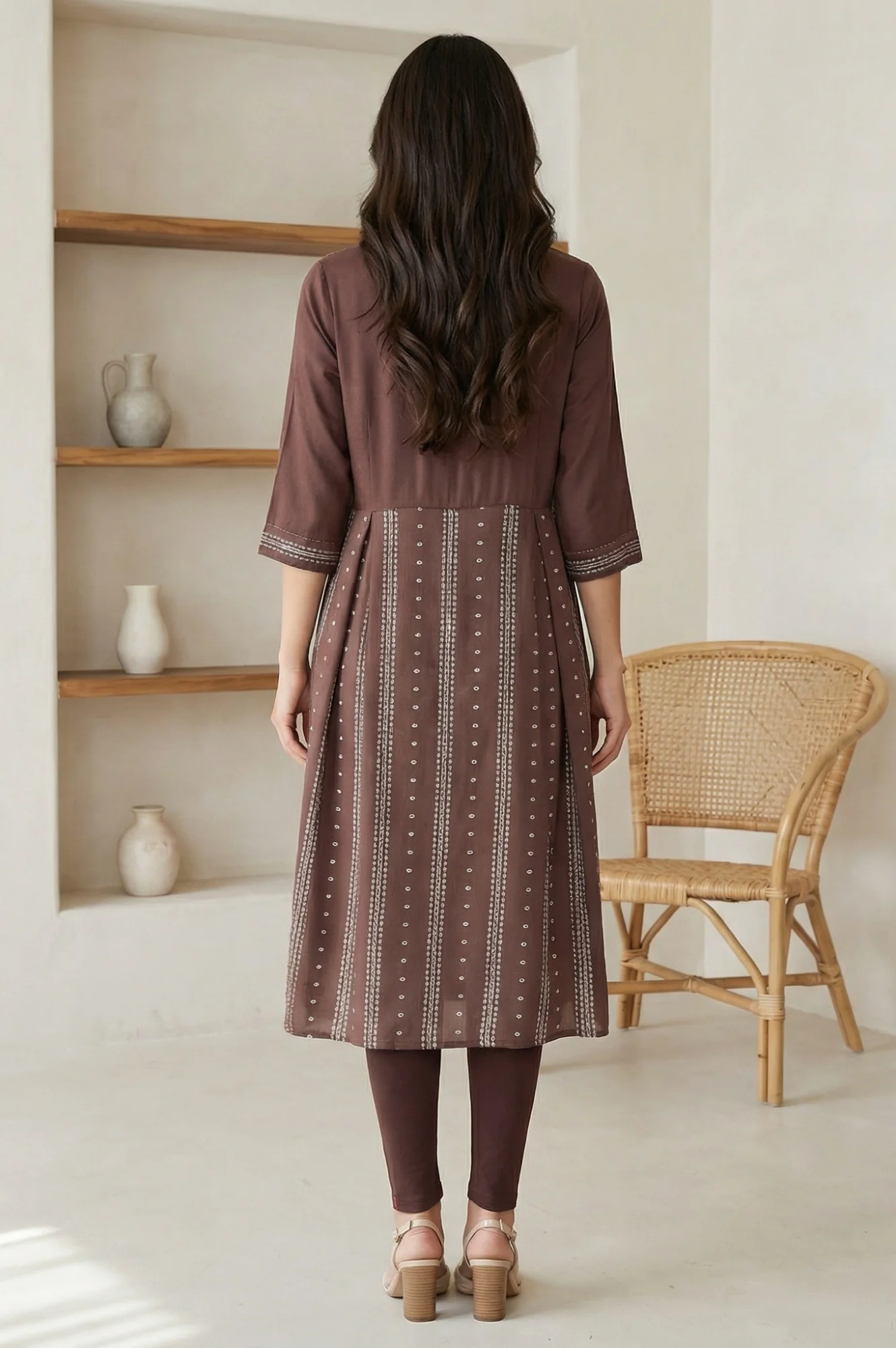 Brown Printed Shirt Collar Flared Kurta With Minimal Thread Work - Image 5