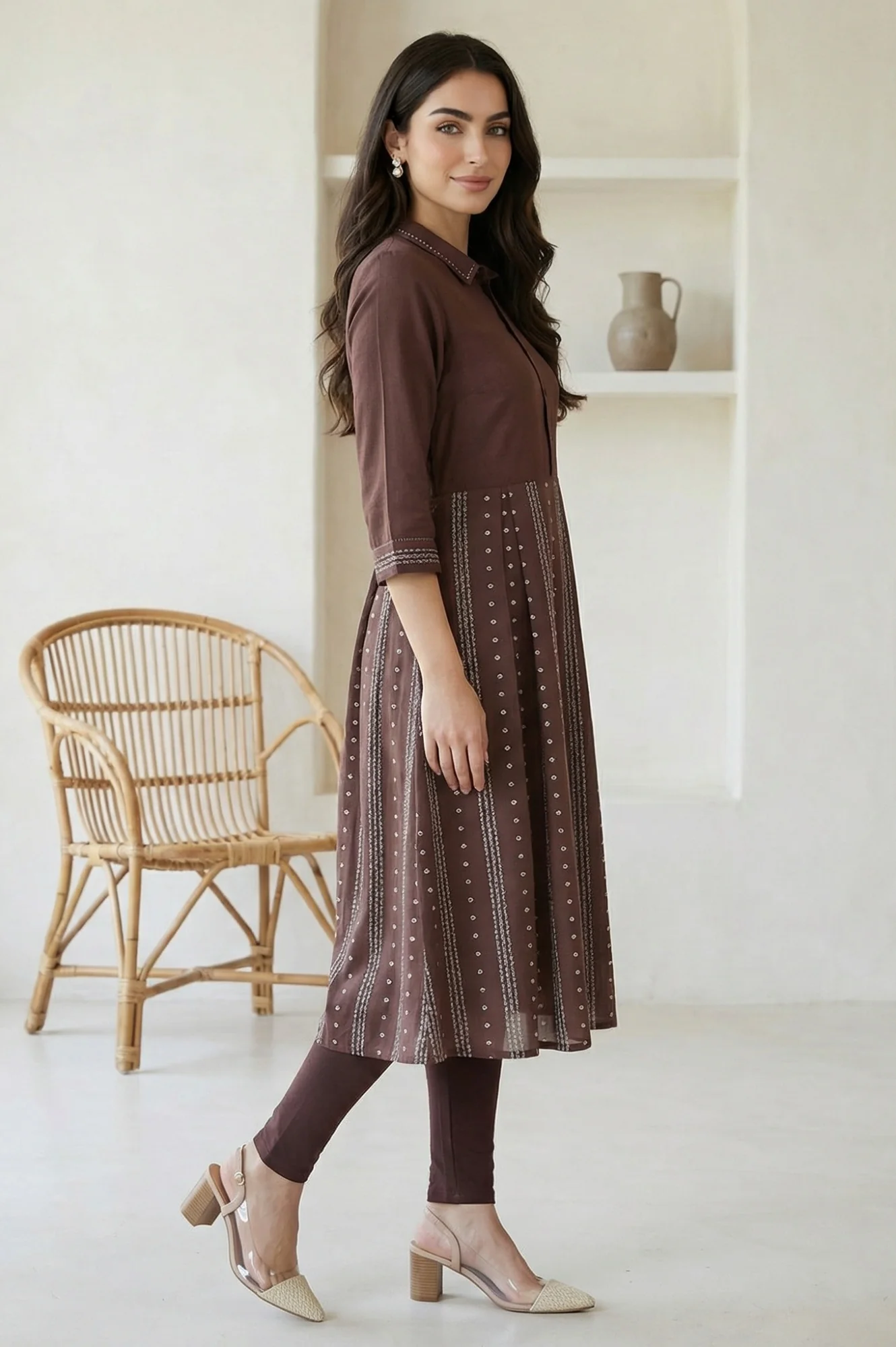 Brown Printed Shirt Collar Flared Kurta With Minimal Thread Work - Image 6