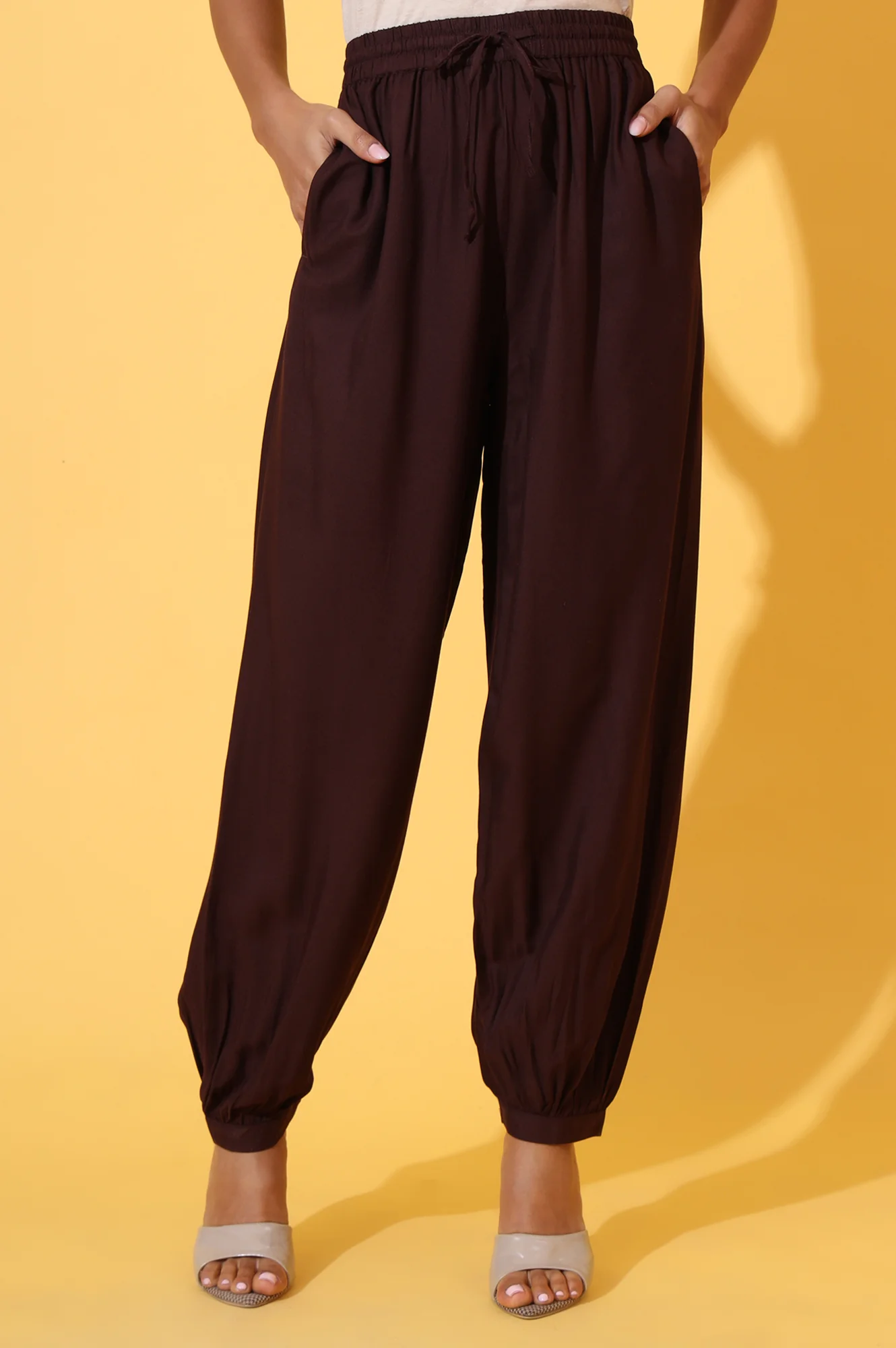 Brown Solid Ankle Length Rayon Harem Pants - Image 2