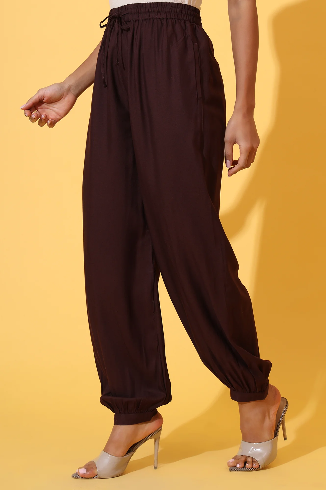 Brown Solid Ankle Length Rayon Harem Pants - Image 3