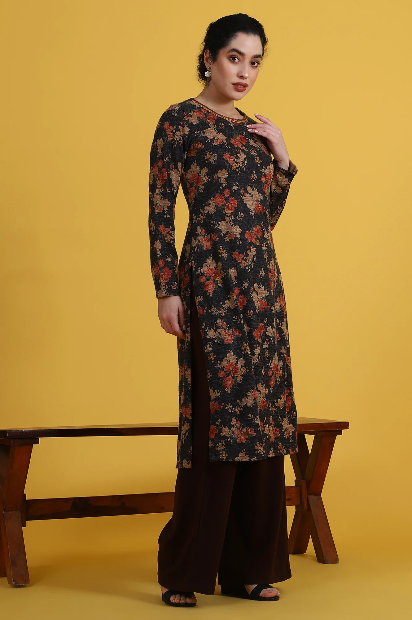 Brown Solid Cashmere Ankle Length Wide Leg Parallel Pants