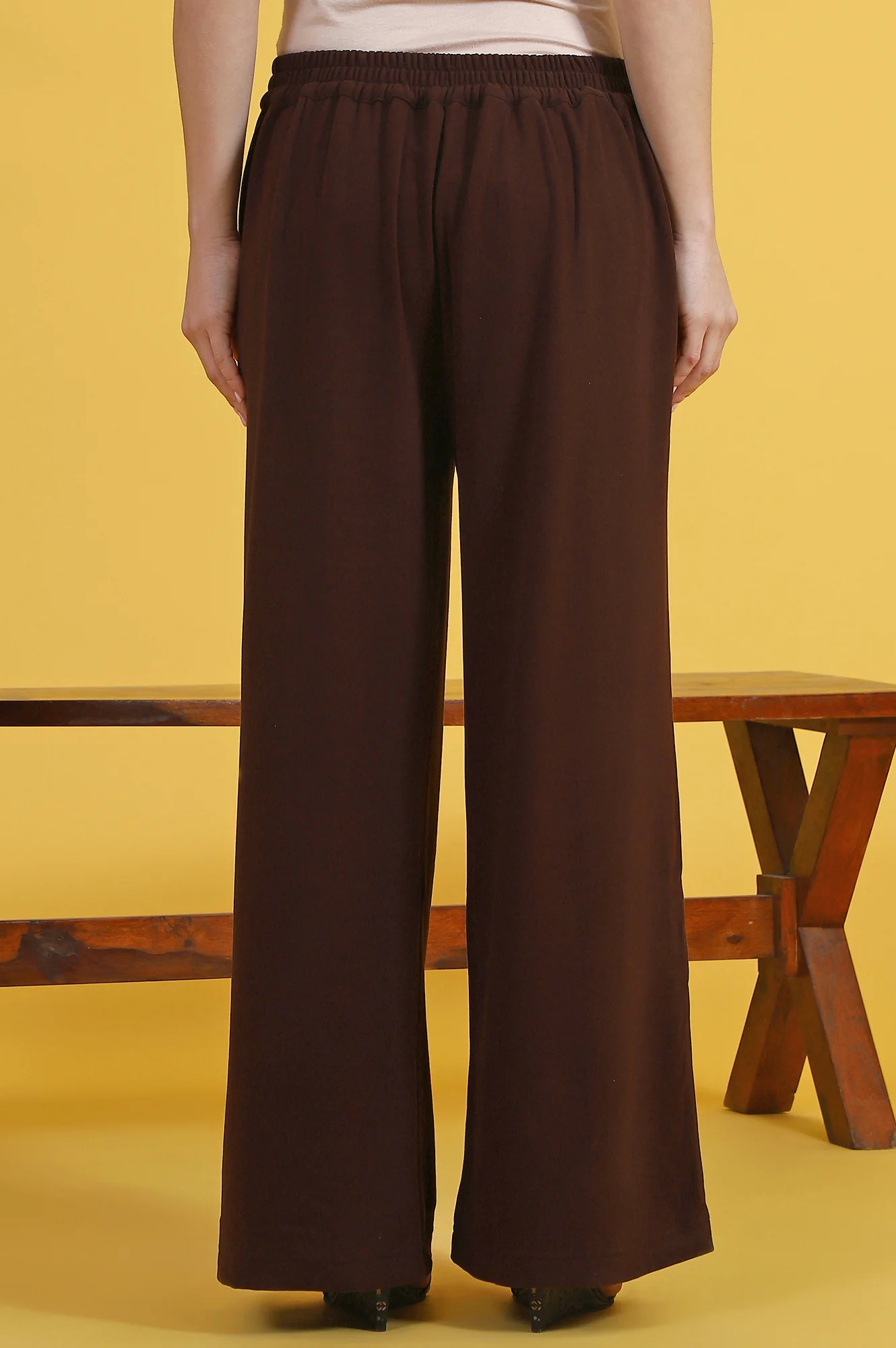 Brown Solid Cashmere Ankle Length Wide Leg Parallel Pants - Image 5