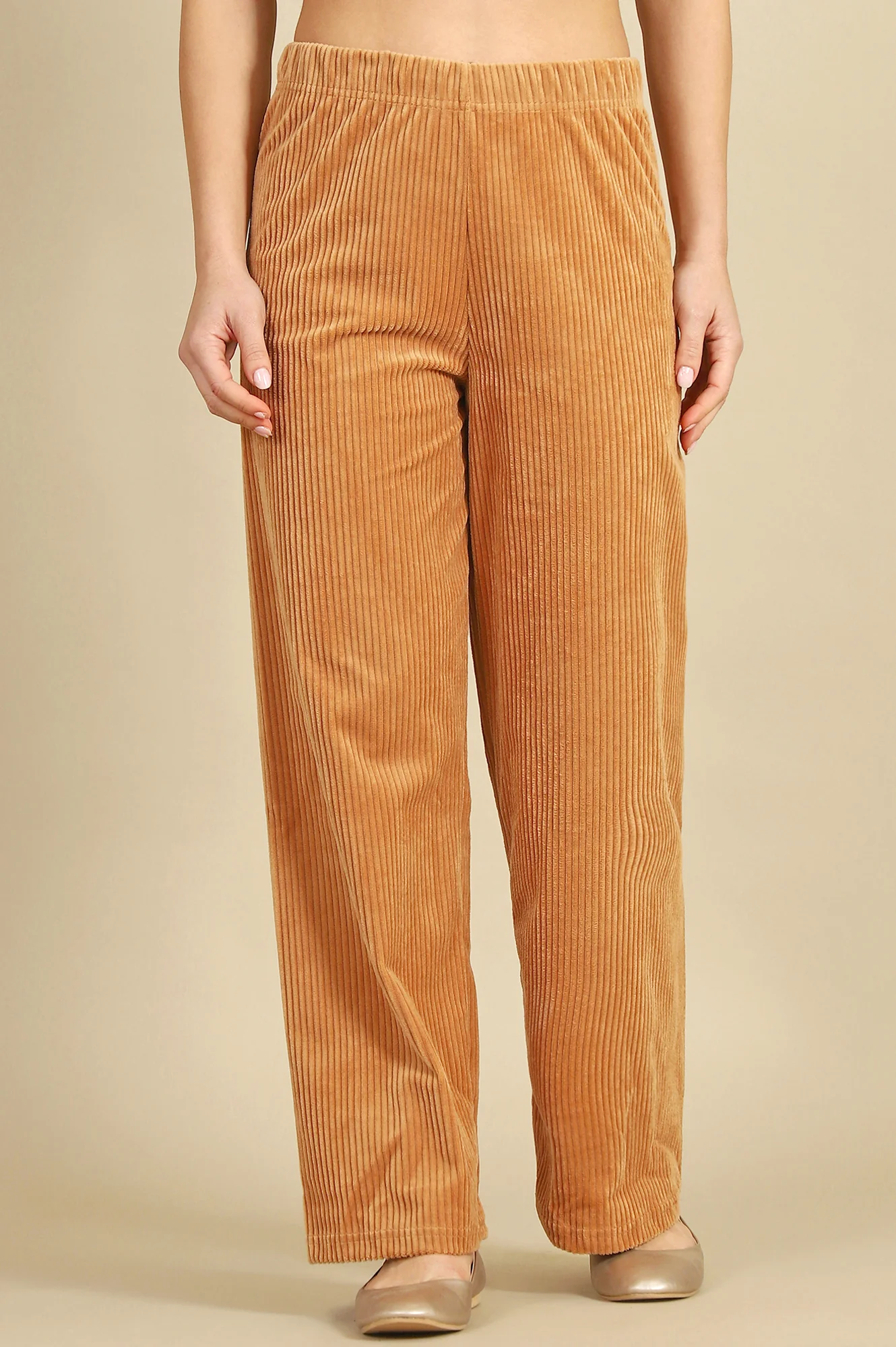Brown Solid Straight Fit Cotton Pants With Elasticated Waist - Image 2