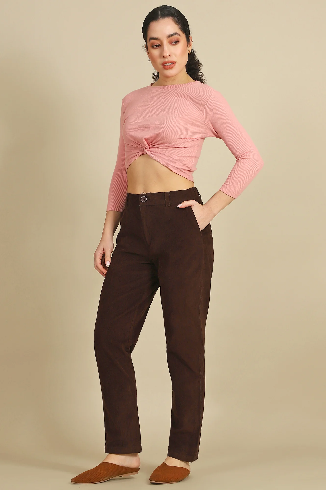 Brown Solid Straight Fit Cotton Pants with YKK Zipper