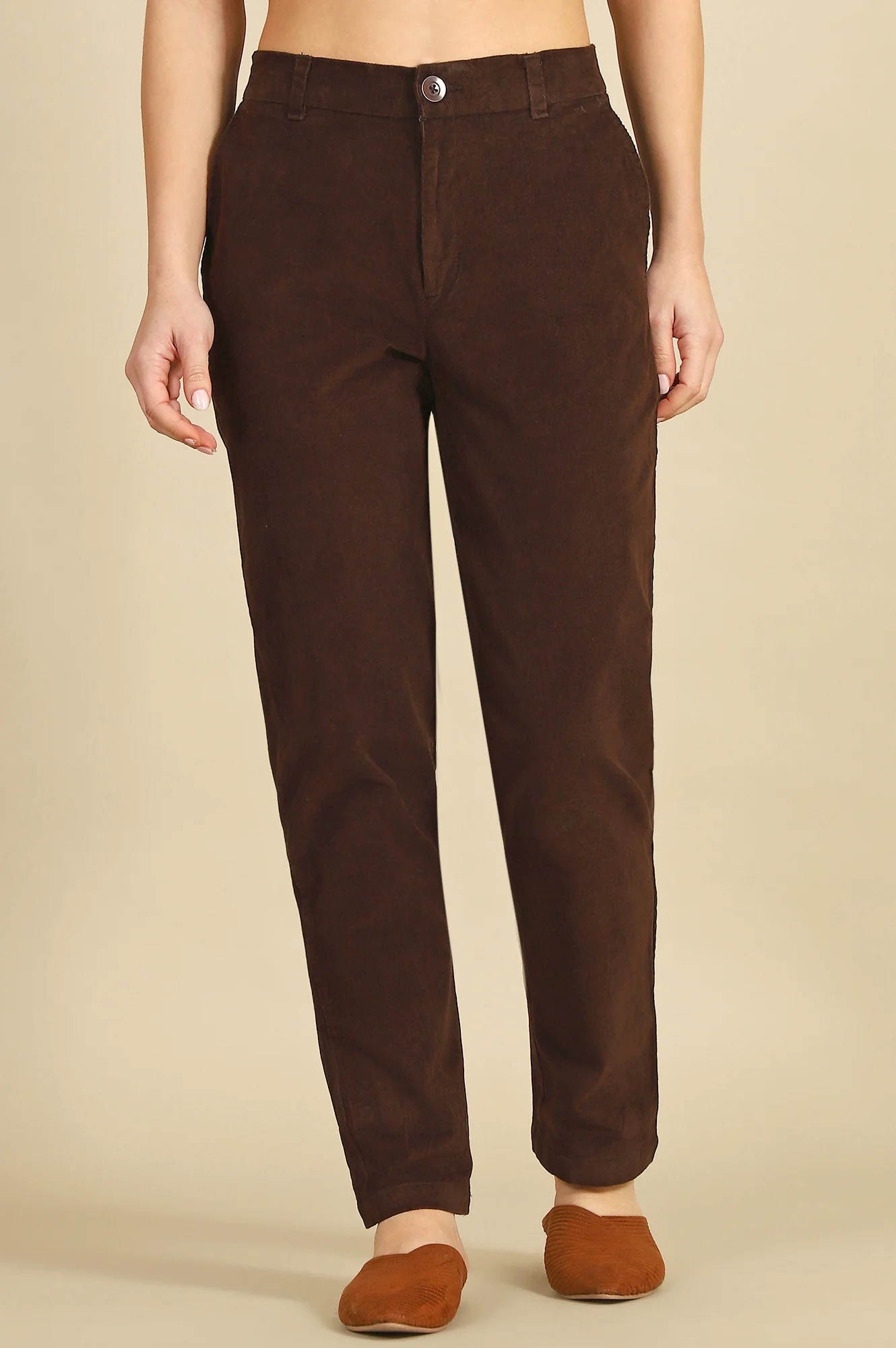Brown Solid Straight Fit Cotton Pants with YKK Zipper - Image 2