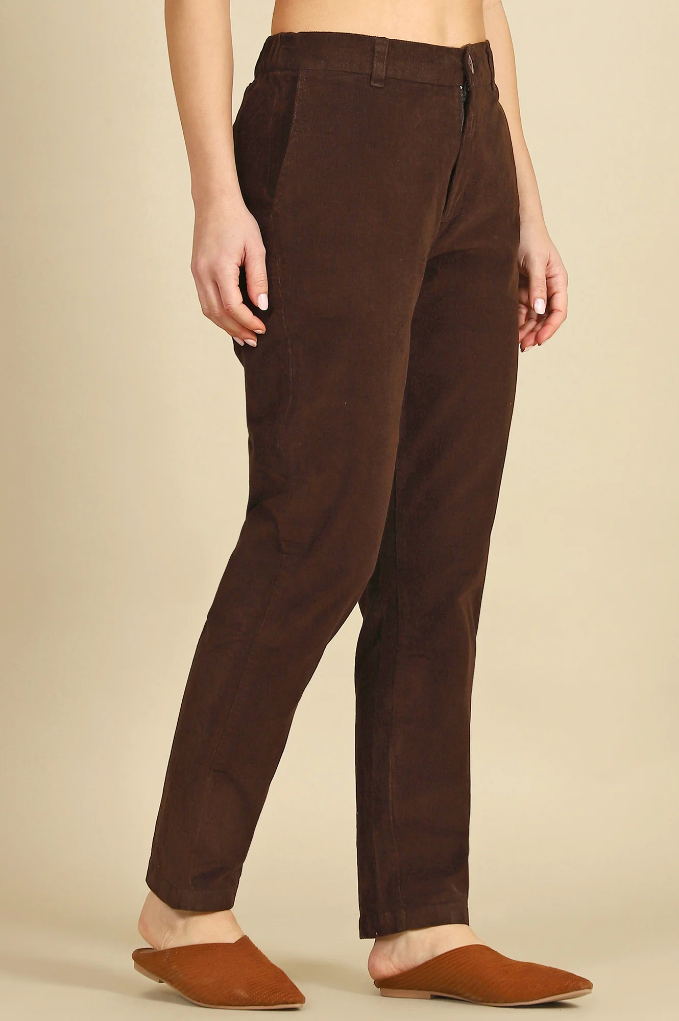 Brown Solid Straight Fit Cotton Pants with YKK Zipper - Image 6