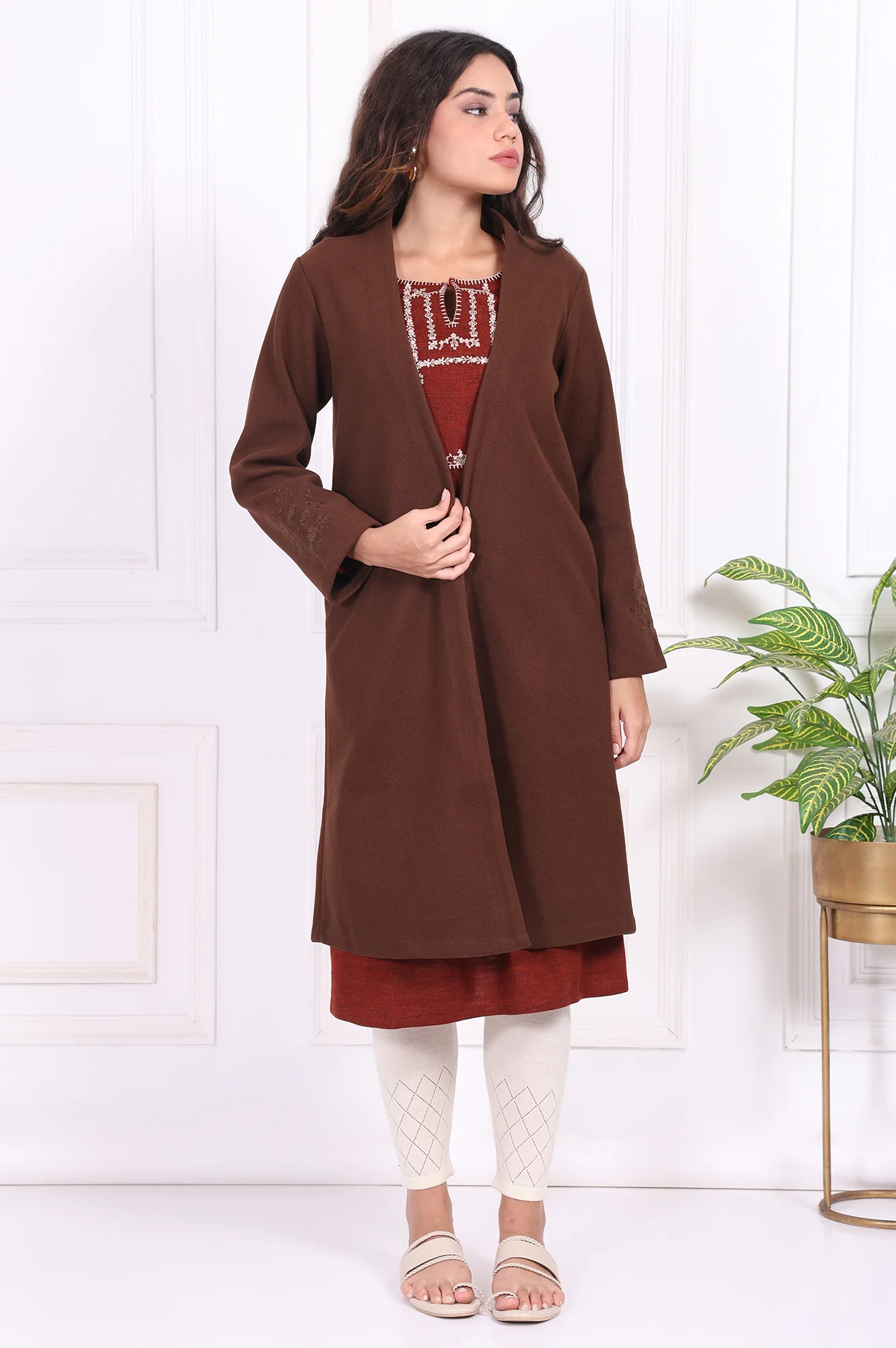 Brown Solid Embroidered Straight Coat