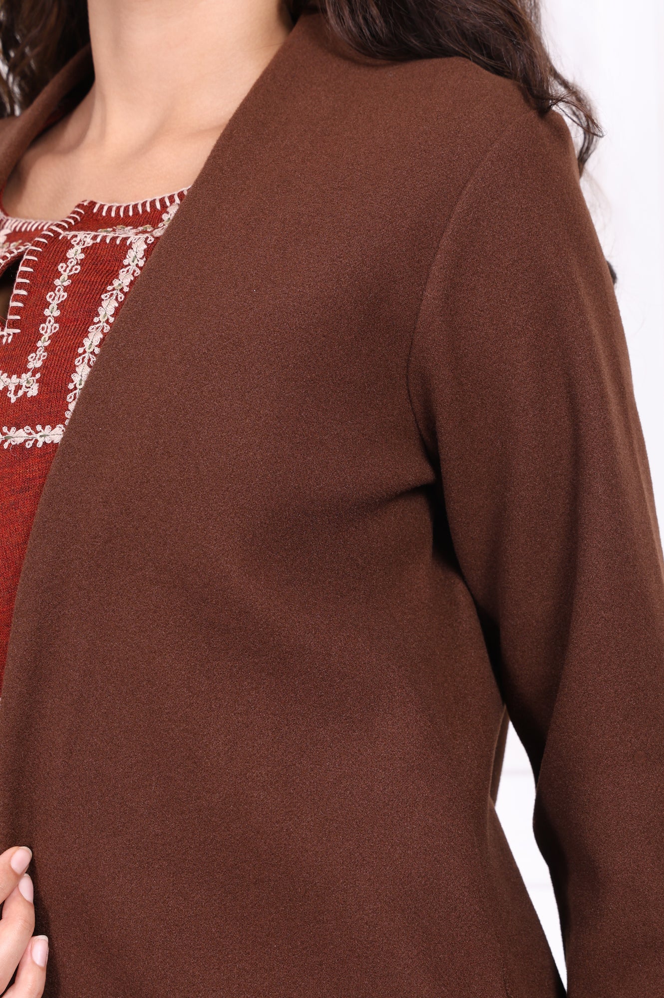Brown Solid Embroidered Straight Coat - Image 2
