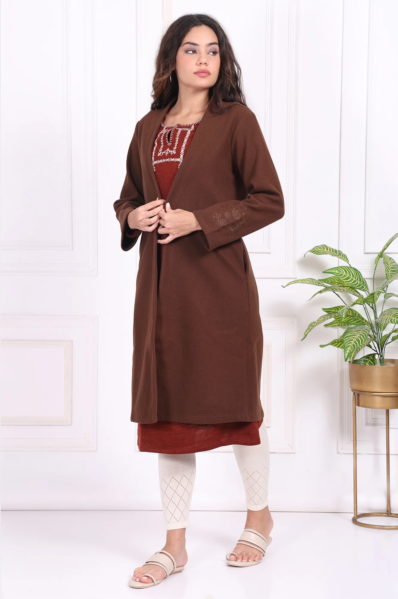 Brown Solid Embroidered Straight Coat - Image 3