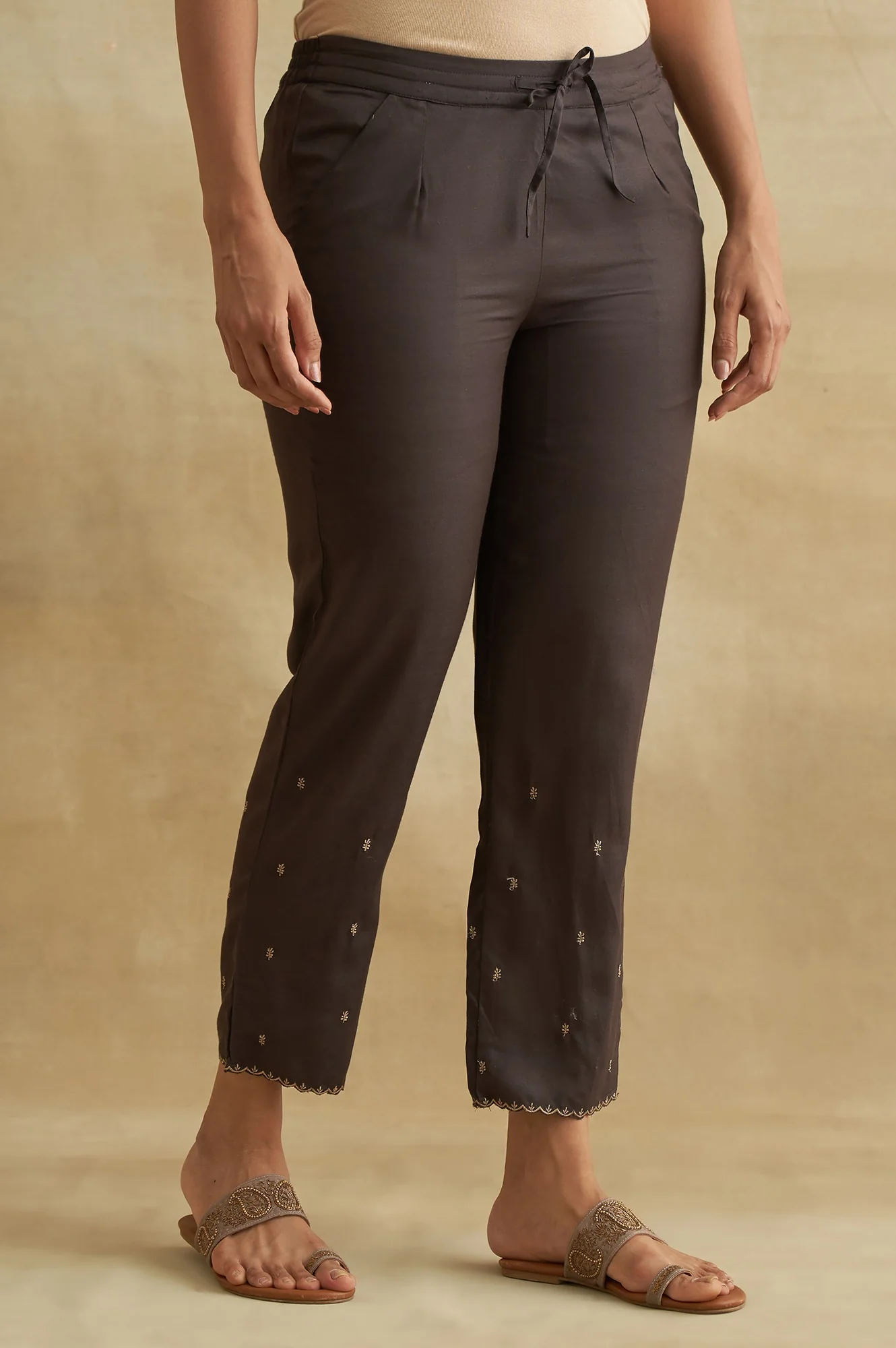 Brown Solid Embroidered Straight Cotton Pant - Image 4