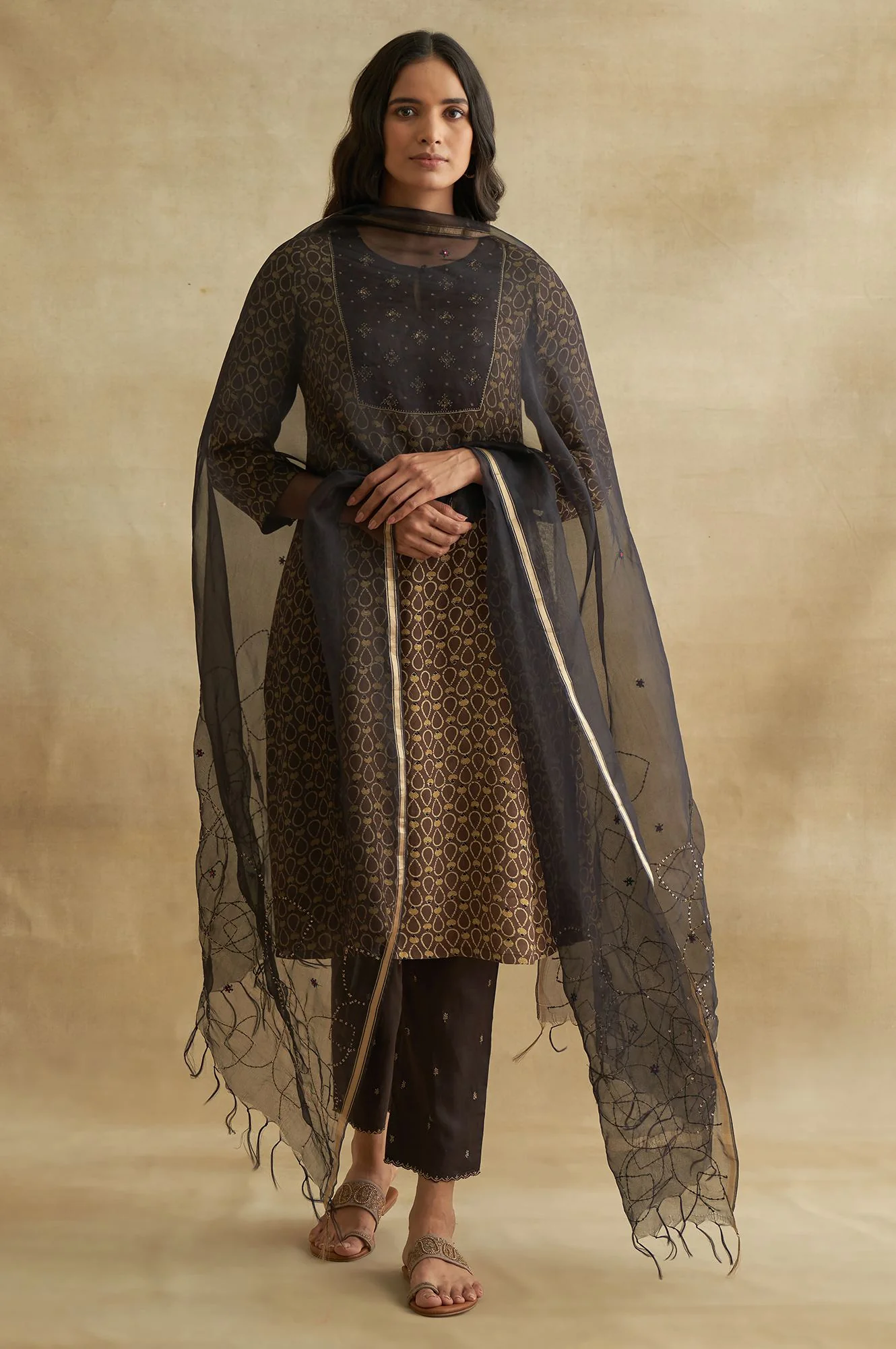 Brown Solid Embroidered Straight Cotton Pant - Image 5