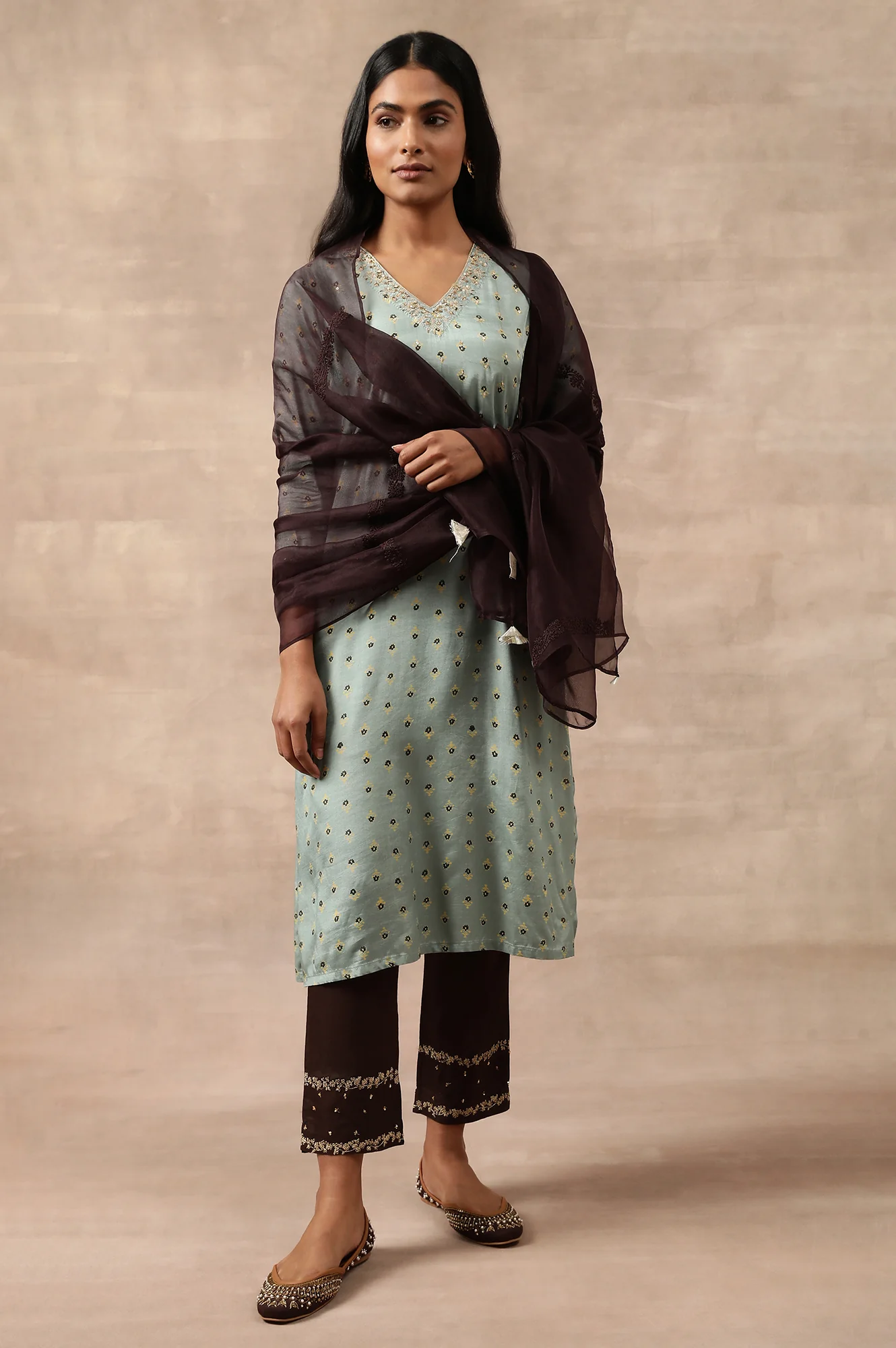Brown Solid Embroidered Straight Organza Dupatta
