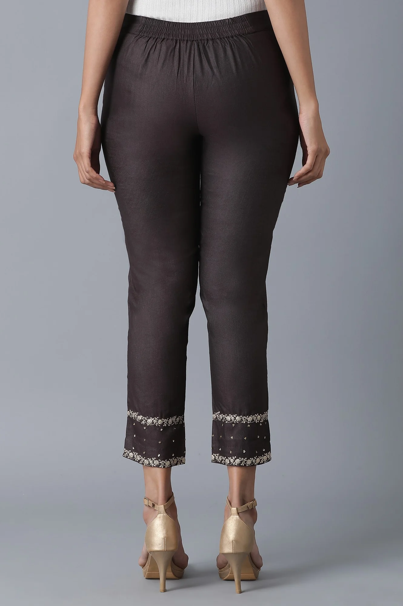 Brown Solid Embroidered Tapered Silk Slim Pants - Image 2