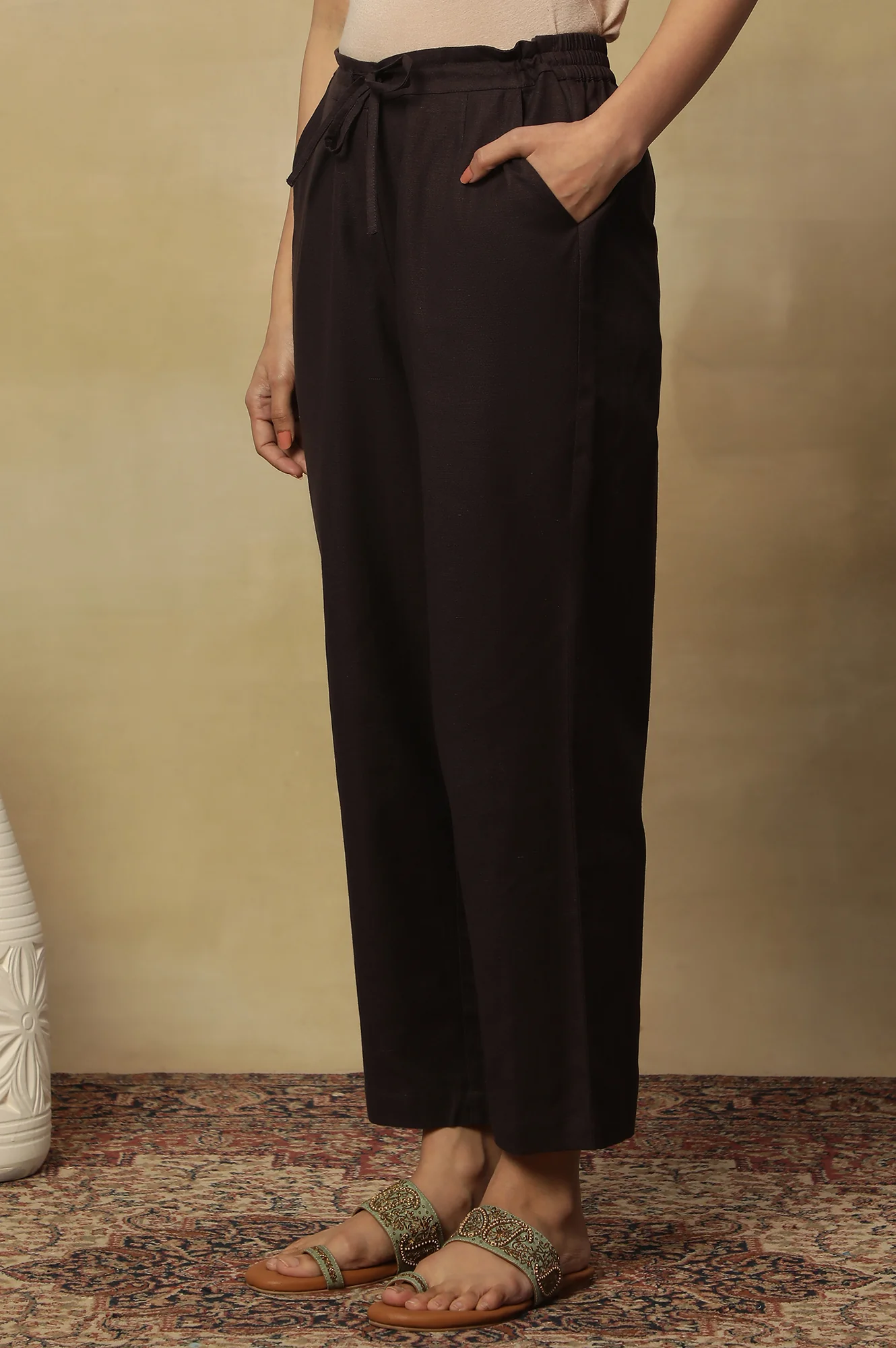Brown Solid Straight Cotton Pant - Image 2