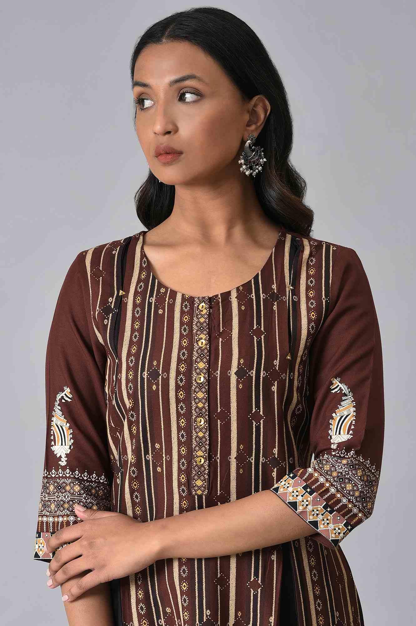 Brown Stripe Printed kurta With Box Pleats - Image 5