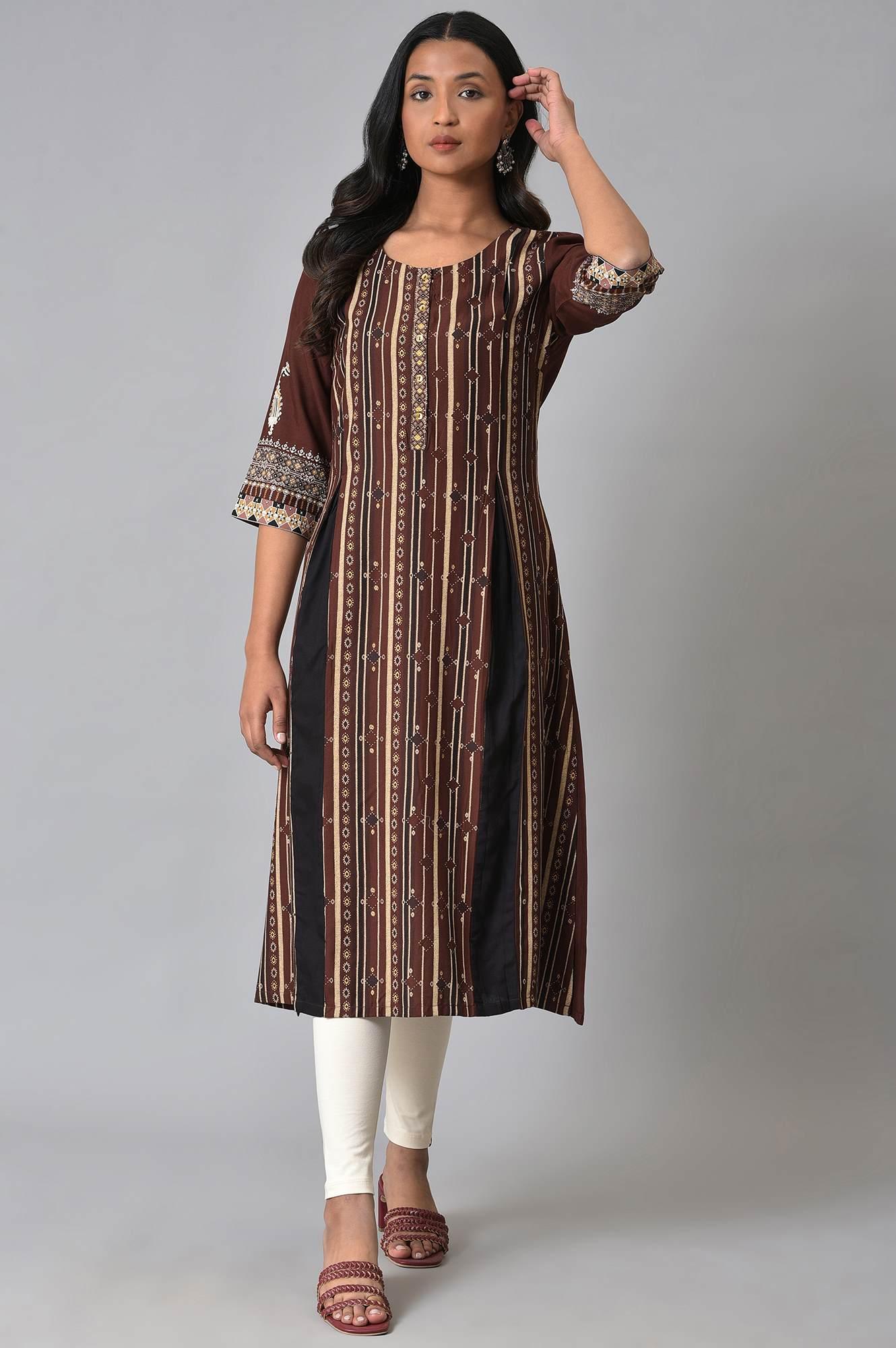 Brown Stripe Printed kurta With Box Pleats - Image 6