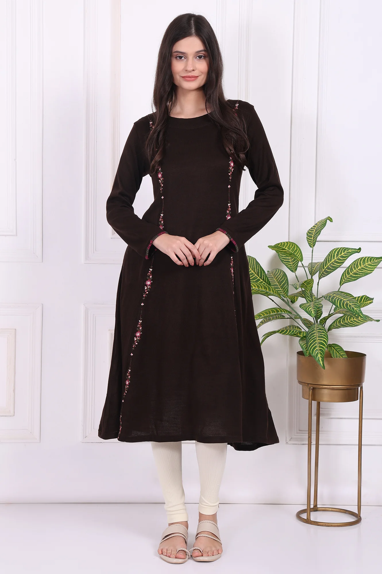 Brown Thread Embroidered Acrylic Flared A-line Kurta - Image 2