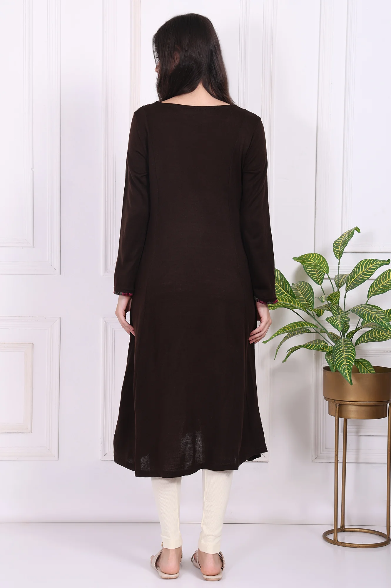 Brown Thread Embroidered Acrylic Flared A-line Kurta - Image 5