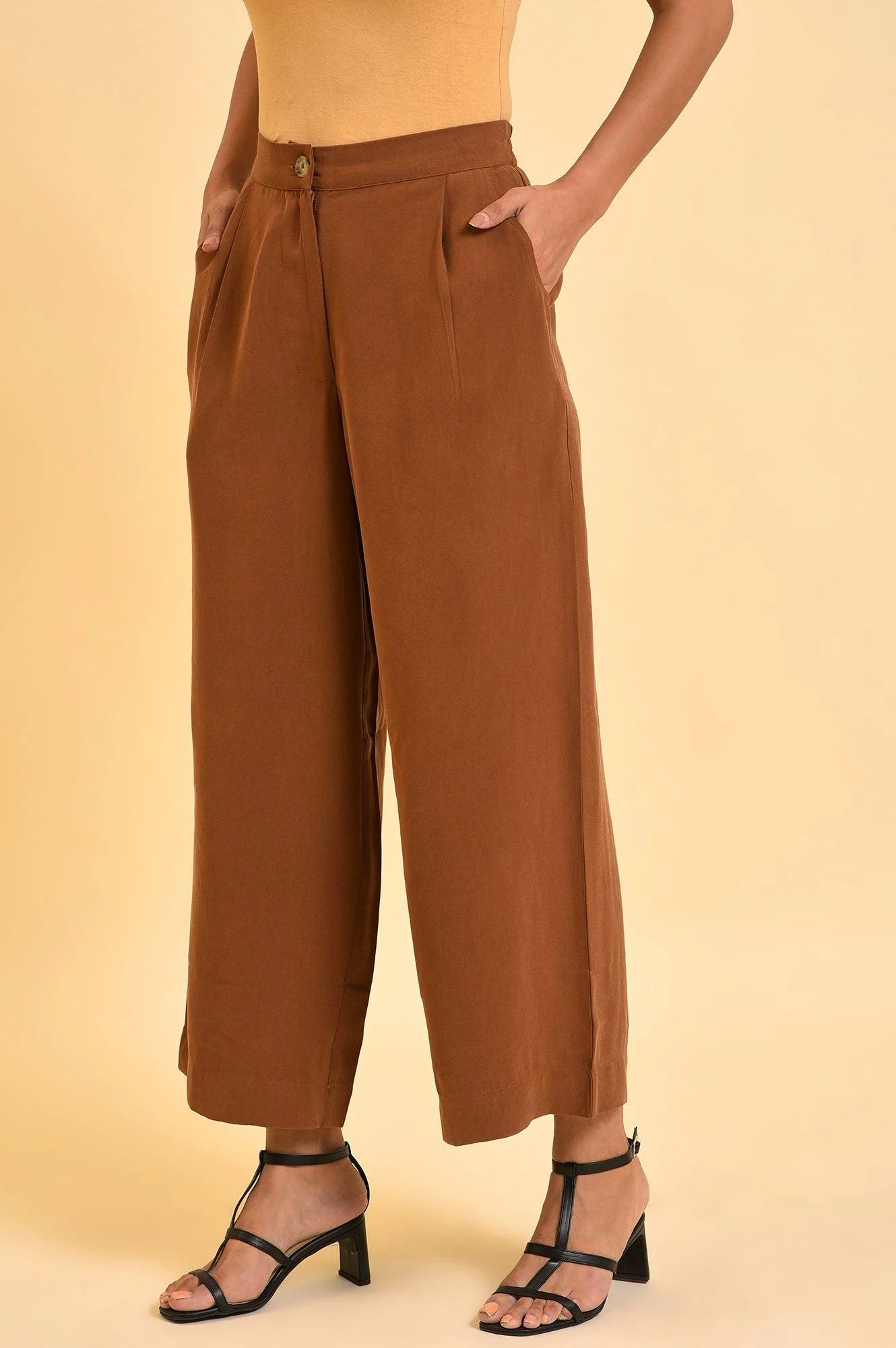 Brown Wide-Leg Pleated Trousers - Image 3