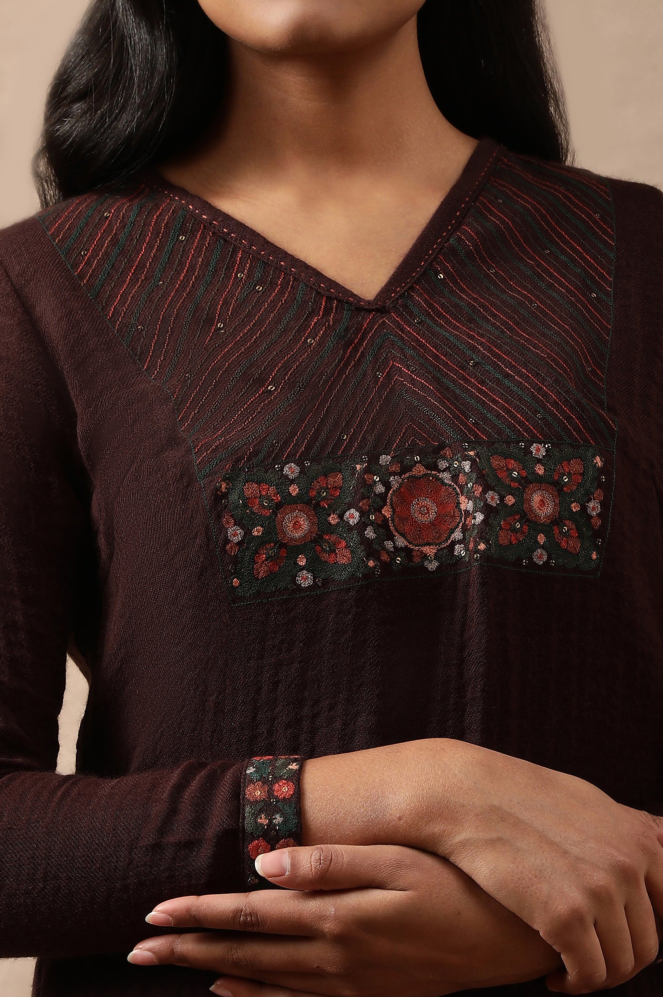 Brown Woollen Embroidered kurta - Image 7