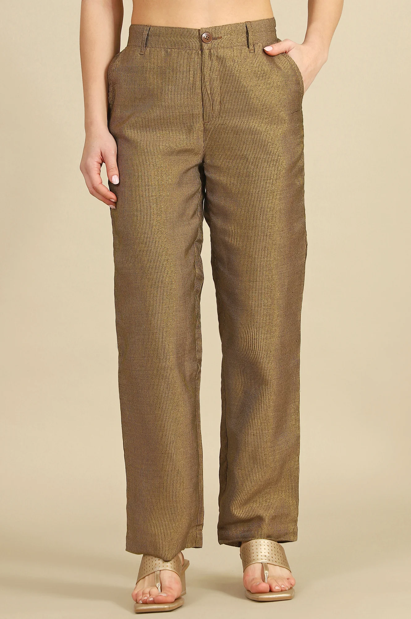 Brown Yarn Dyed Straight Fit Pants With YKK Zipper - Image 2