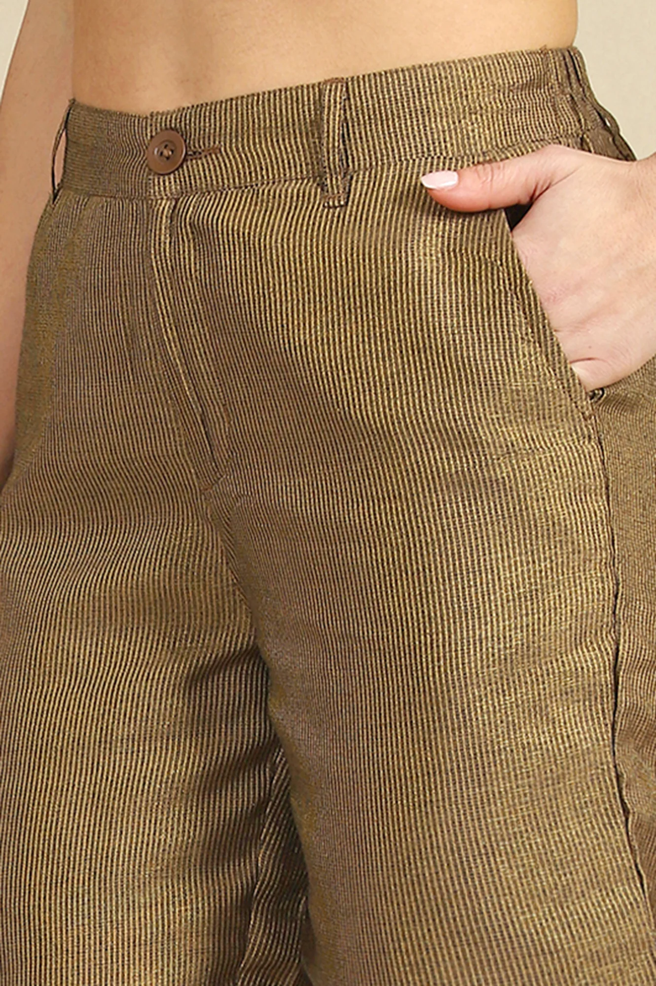 Brown Yarn Dyed Straight Fit Pants With YKK Zipper - Image 3