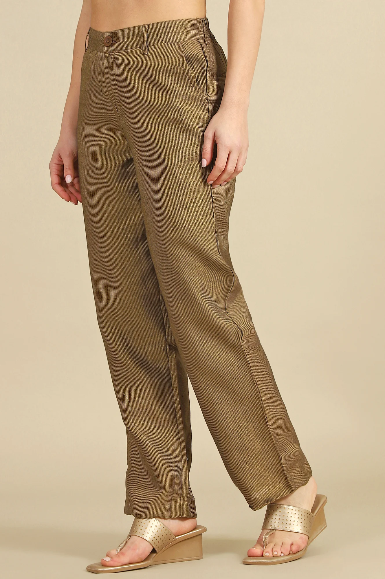 Brown Yarn Dyed Straight Fit Pants With YKK Zipper - Image 4