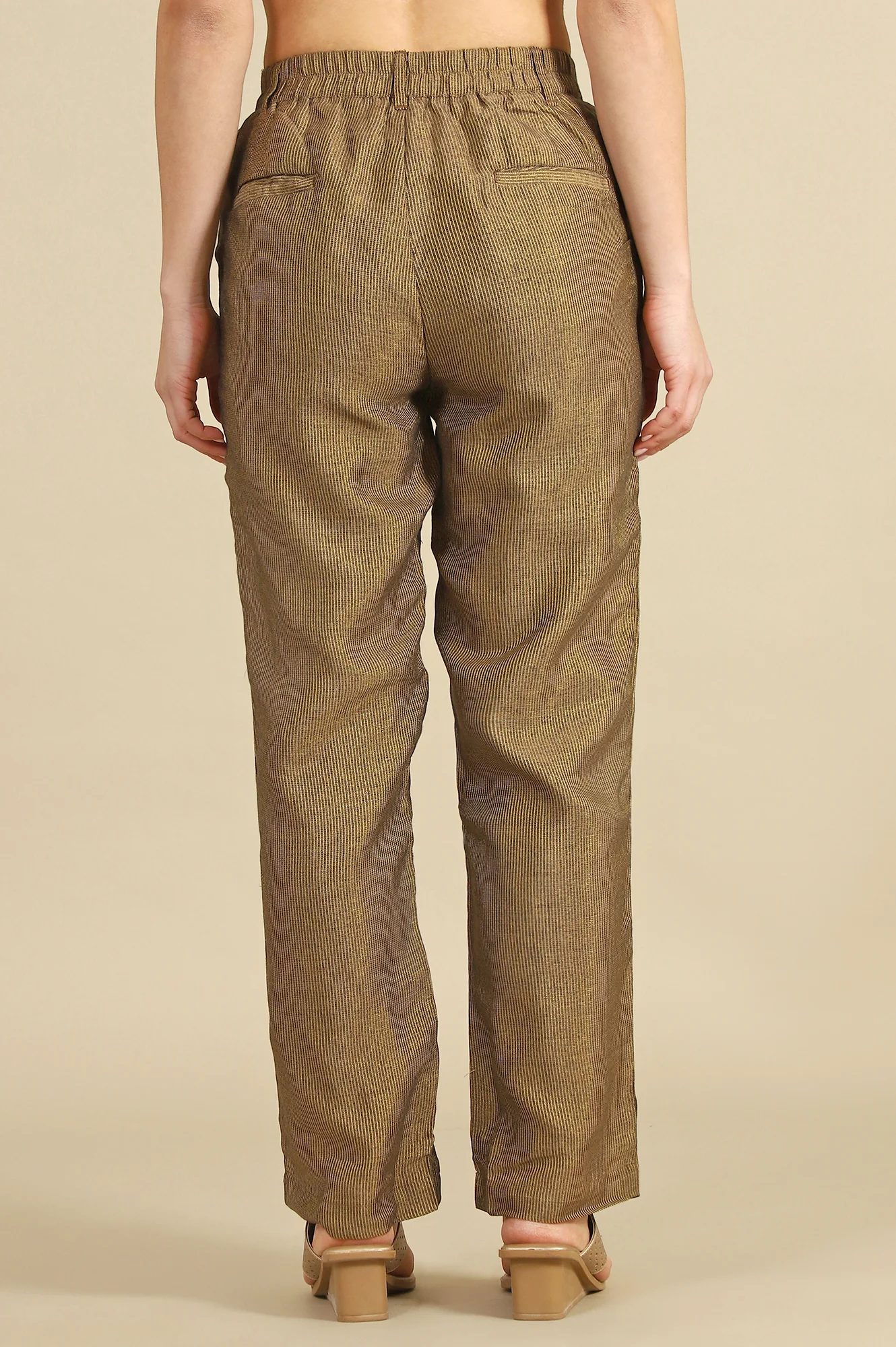Brown Yarn Dyed Straight Fit Pants With YKK Zipper - Image 5