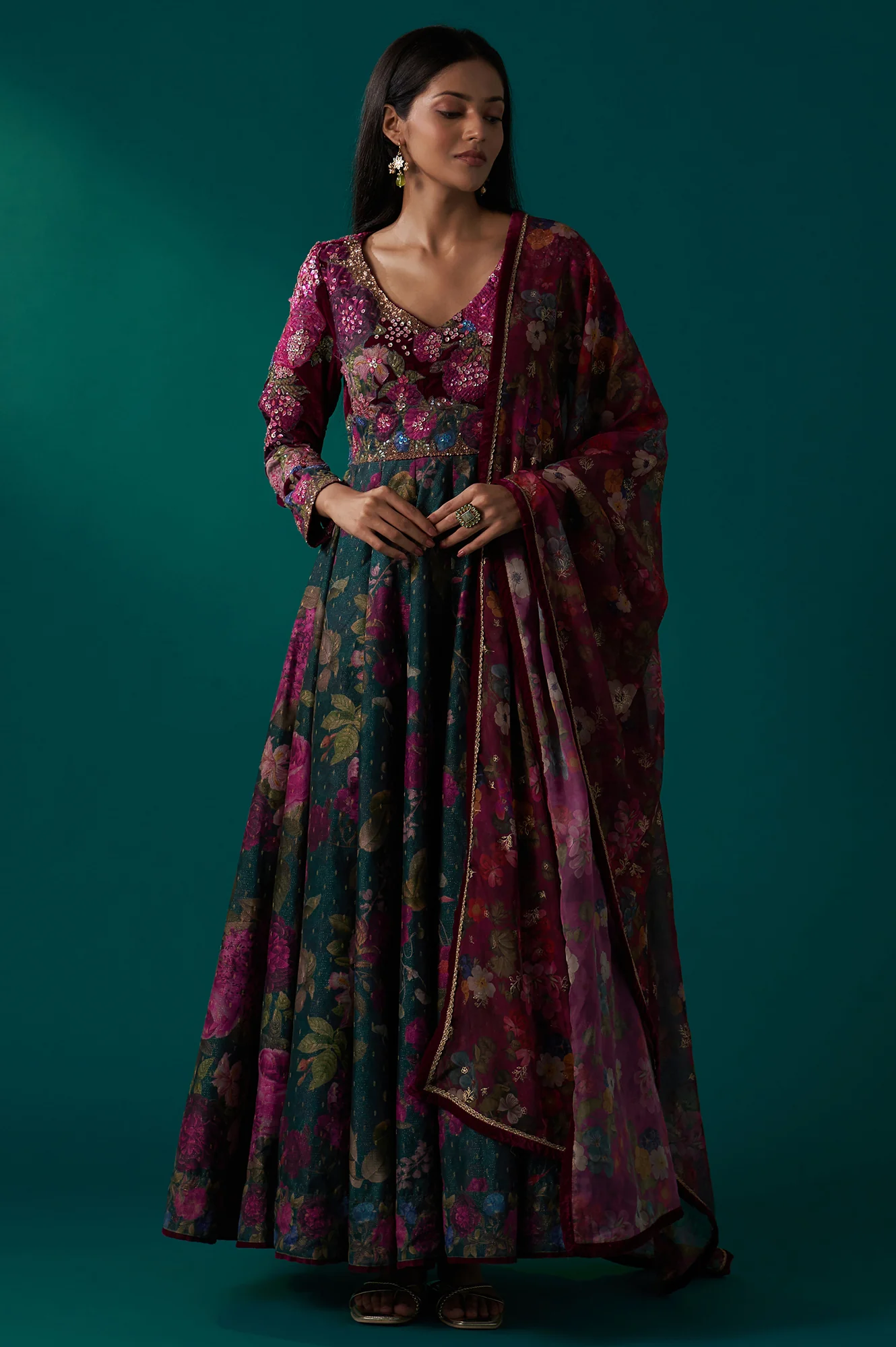 Green Floral Printed Sequined Yoke Festive Anarkali Dress with Churidar and Dupatta Set - Image 2