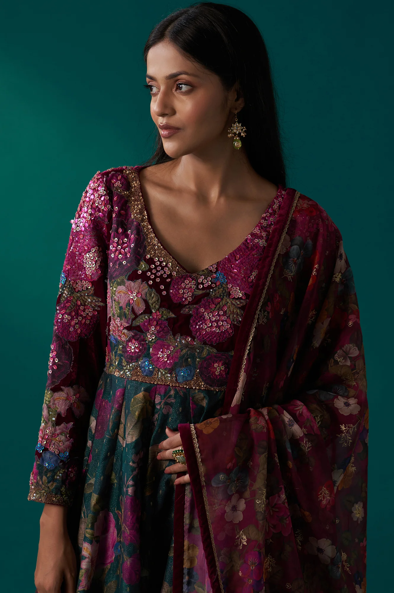 Green Floral Printed Sequined Yoke Festive Anarkali Dress with Churidar and Dupatta Set - Image 3