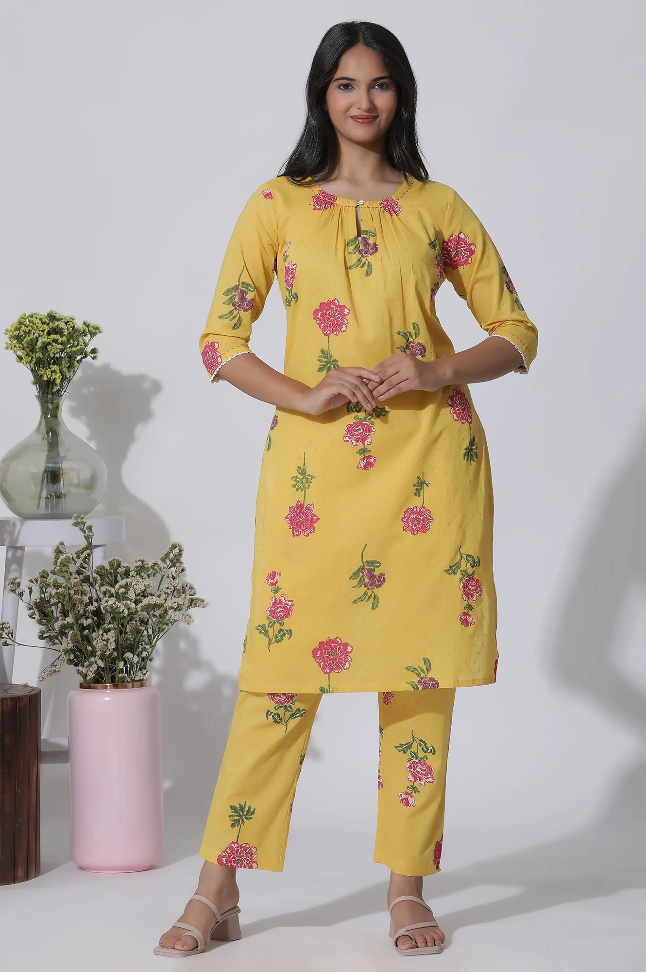 Buttercup Yellow Floral Printed A-Line Cotton Kurta And Pants Co-Ord Set - Image 2