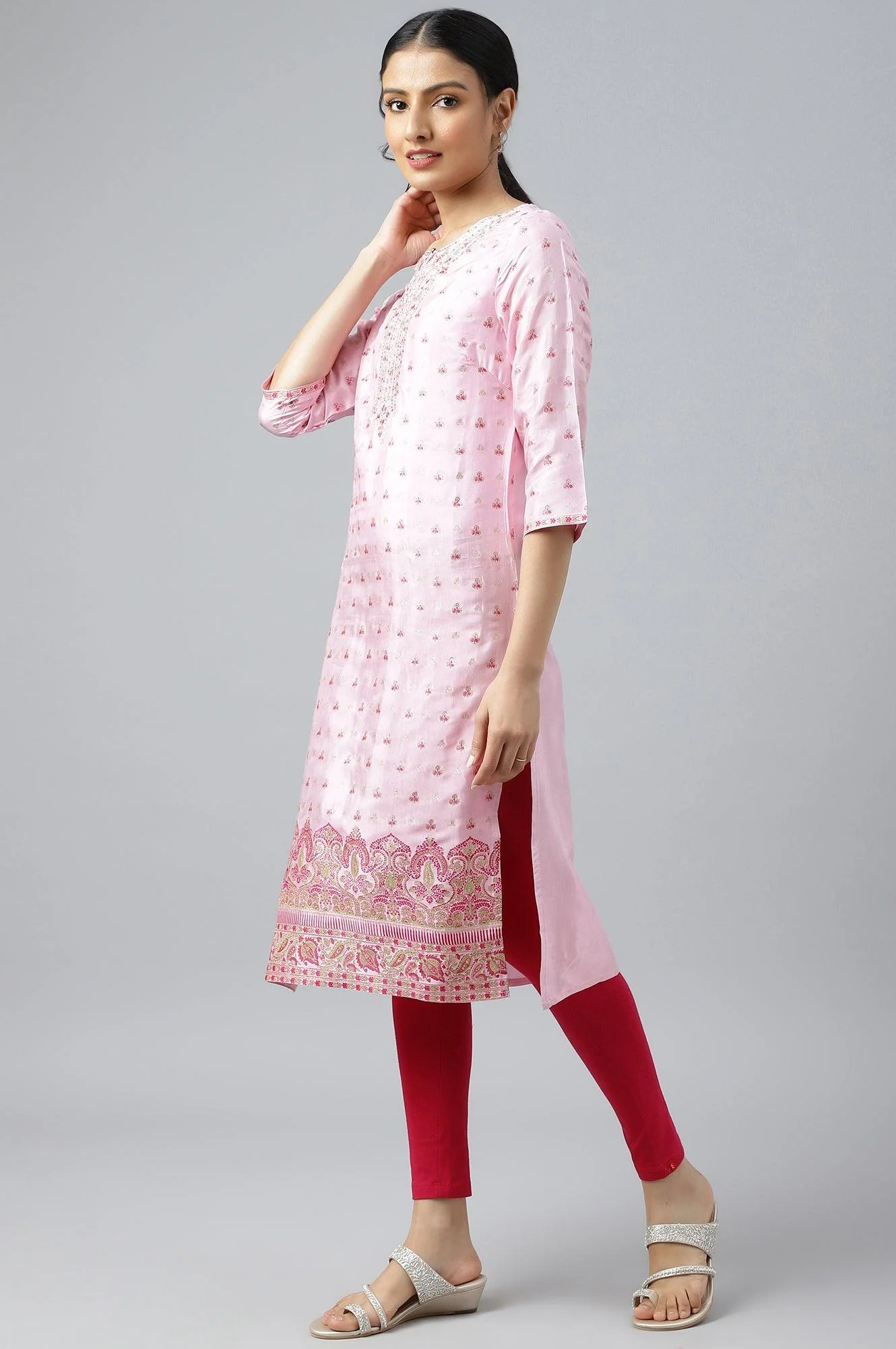 Cameo Pink Floral Printed And Embroidered kurta - Image 3