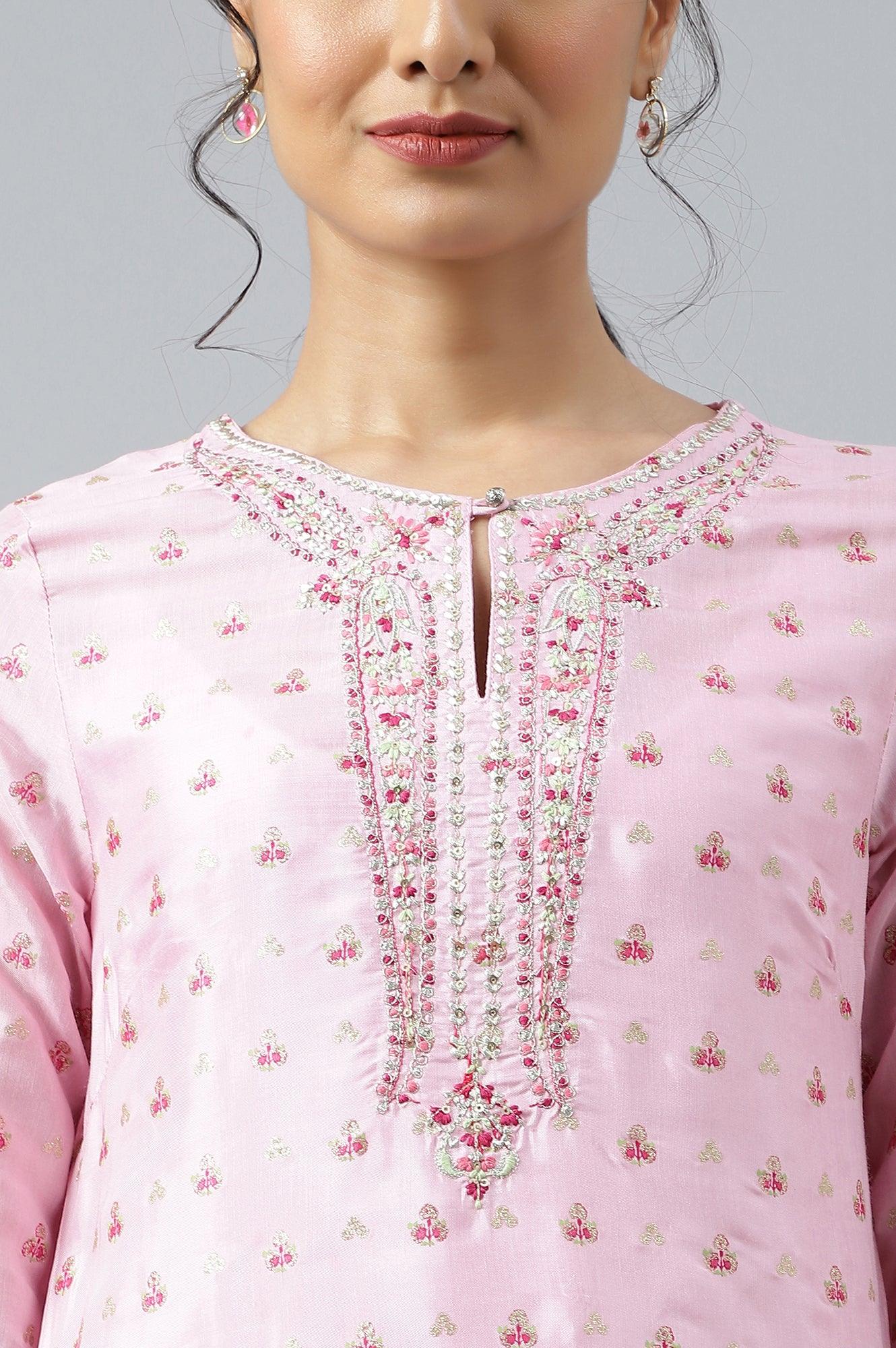 Cameo Pink Floral Printed And Embroidered kurta - Image 8