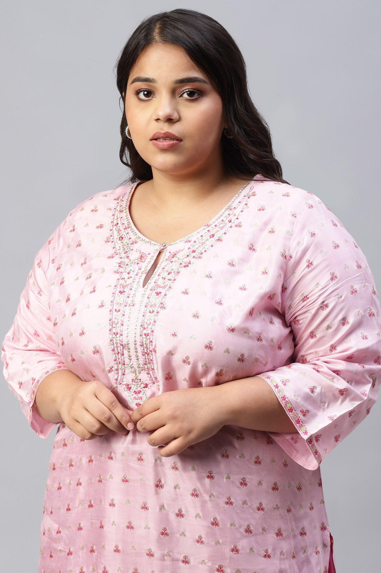 Cameo Pink Floral Printed And Embroidered Plus Size kurta - Image 5