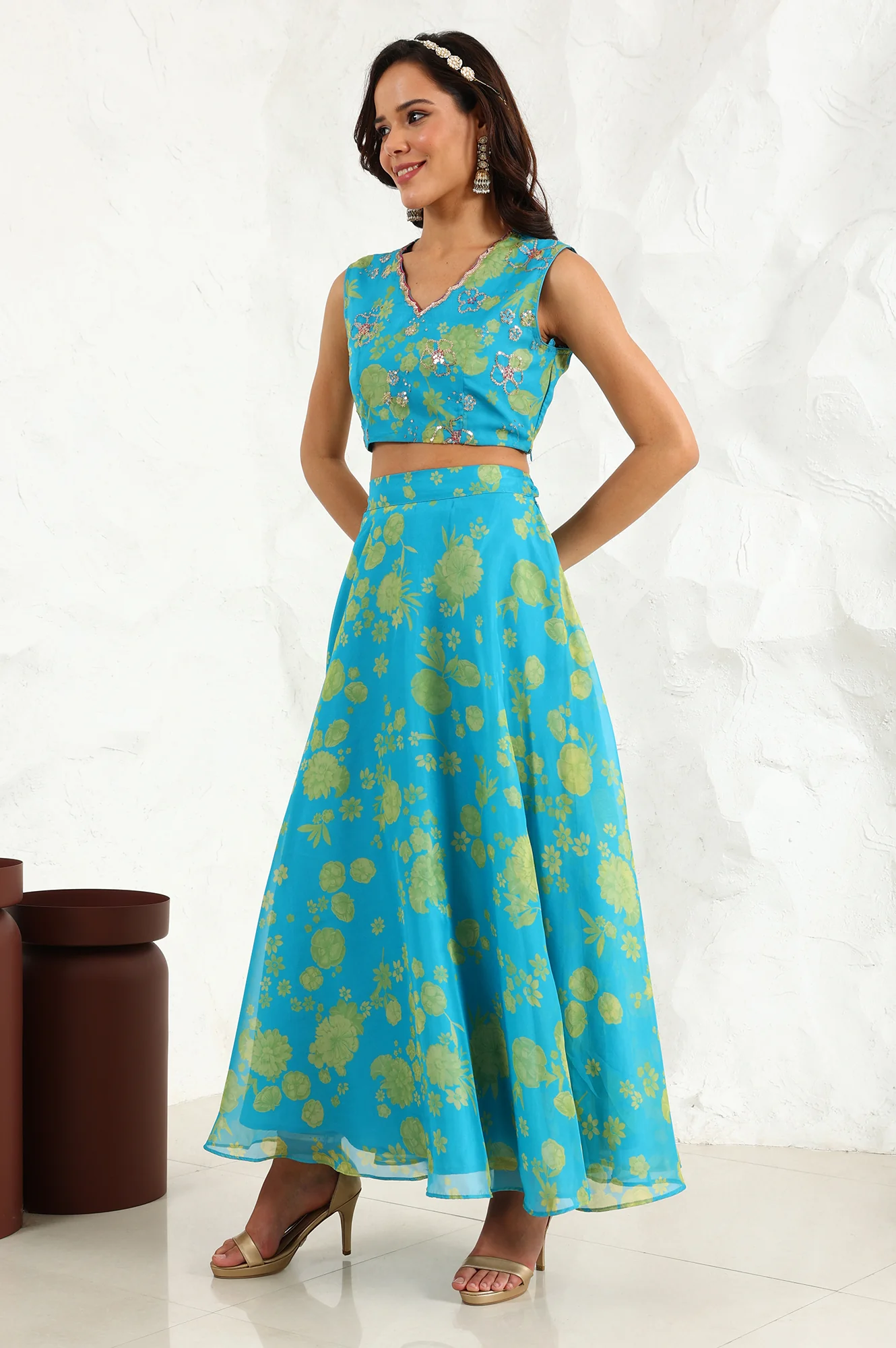 Capri Blue Breezy Floral Printed Sequined Sleeveless Crop Top, Flared Skirt Set With Dupatta Set - Image 5