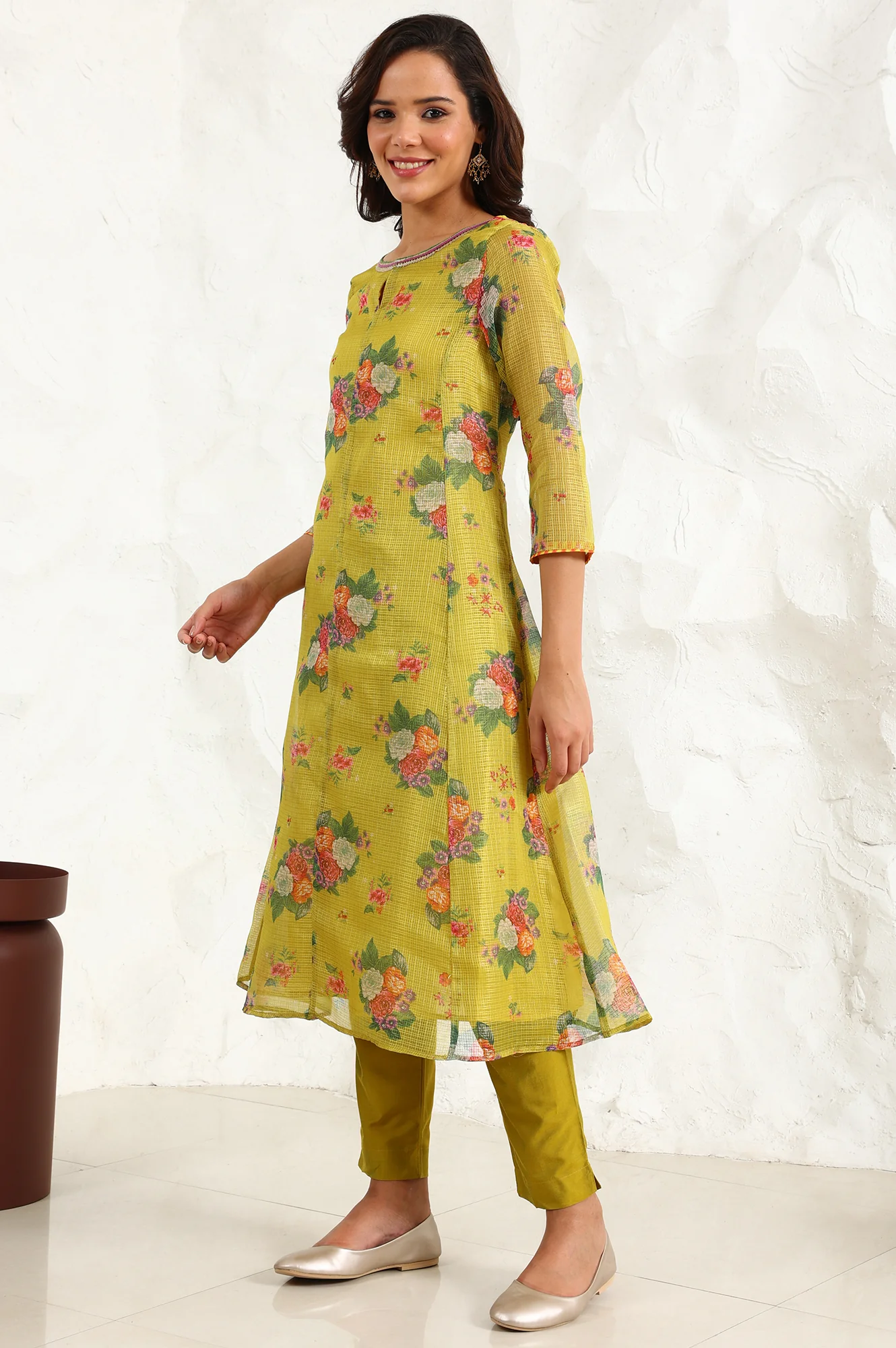 Celery Green Floral Printed Sequined Kota Flared Kurta, Slim Pants And Dupatta Set - Image 5