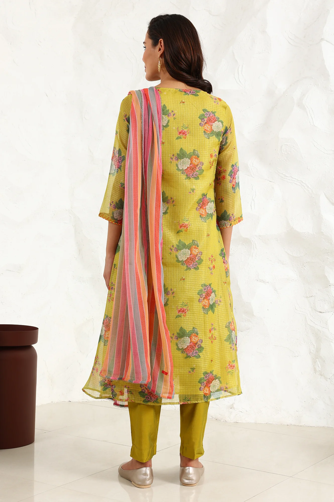 Celery Green Floral Printed Sequined Kota Flared Kurta, Slim Pants And Dupatta Set - Image 6