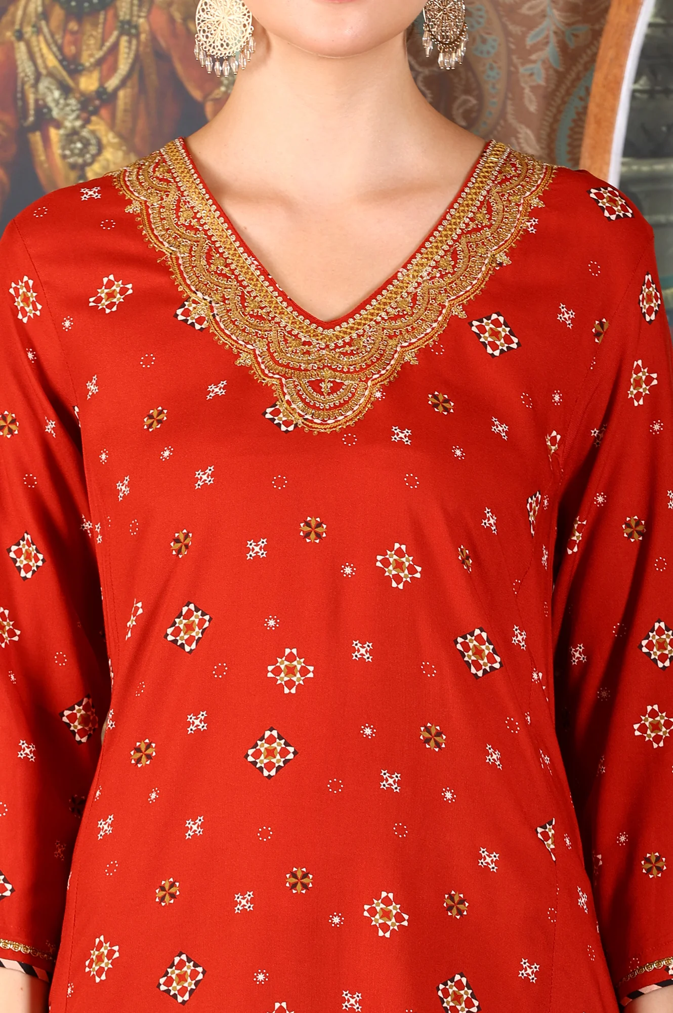 Ceramic Red Printed Straight Rayon Kurta With Metallic Embroidery On Neck - Image 3