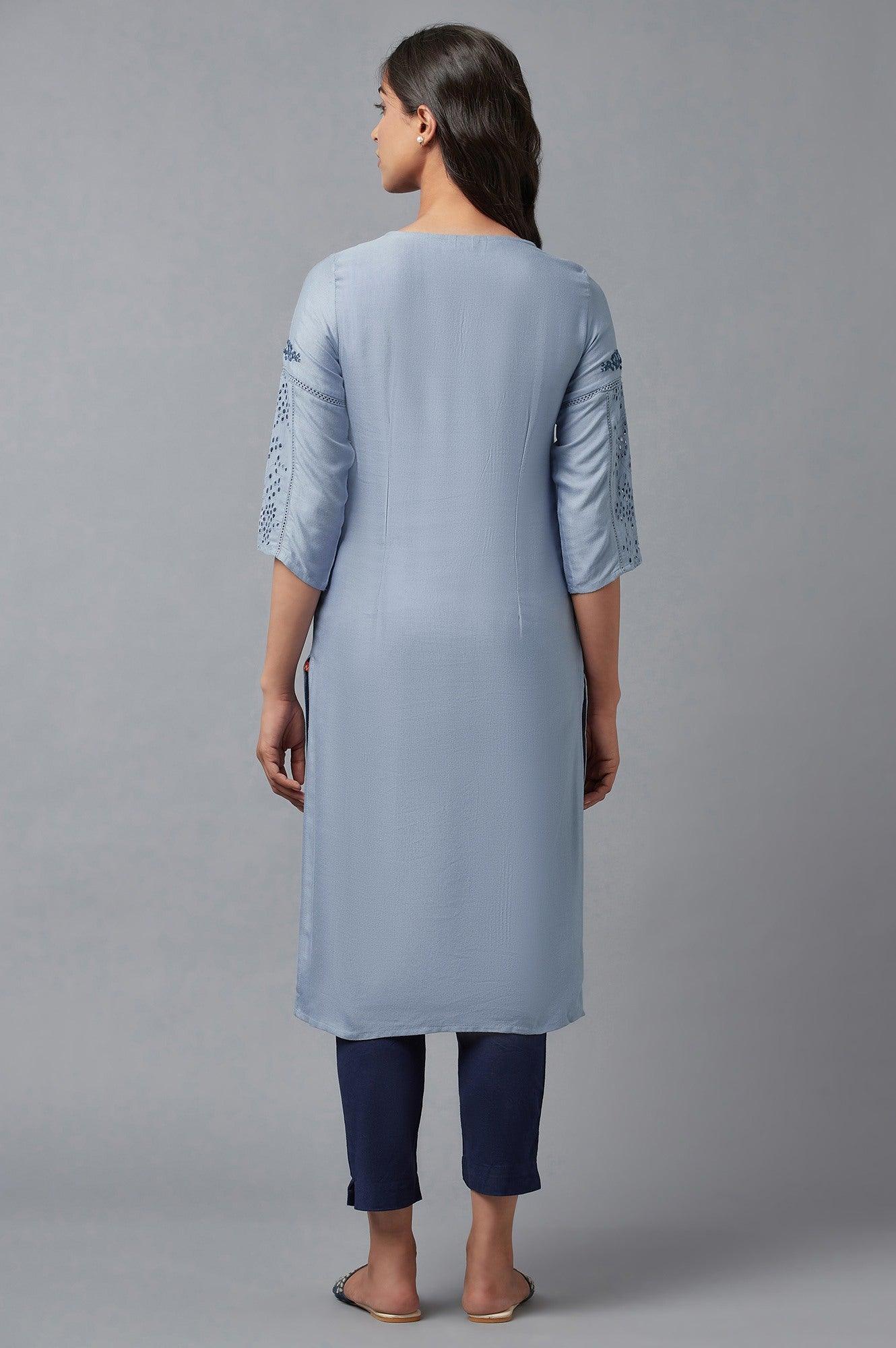 Chambray Blue Embroidered kurta - Image 2