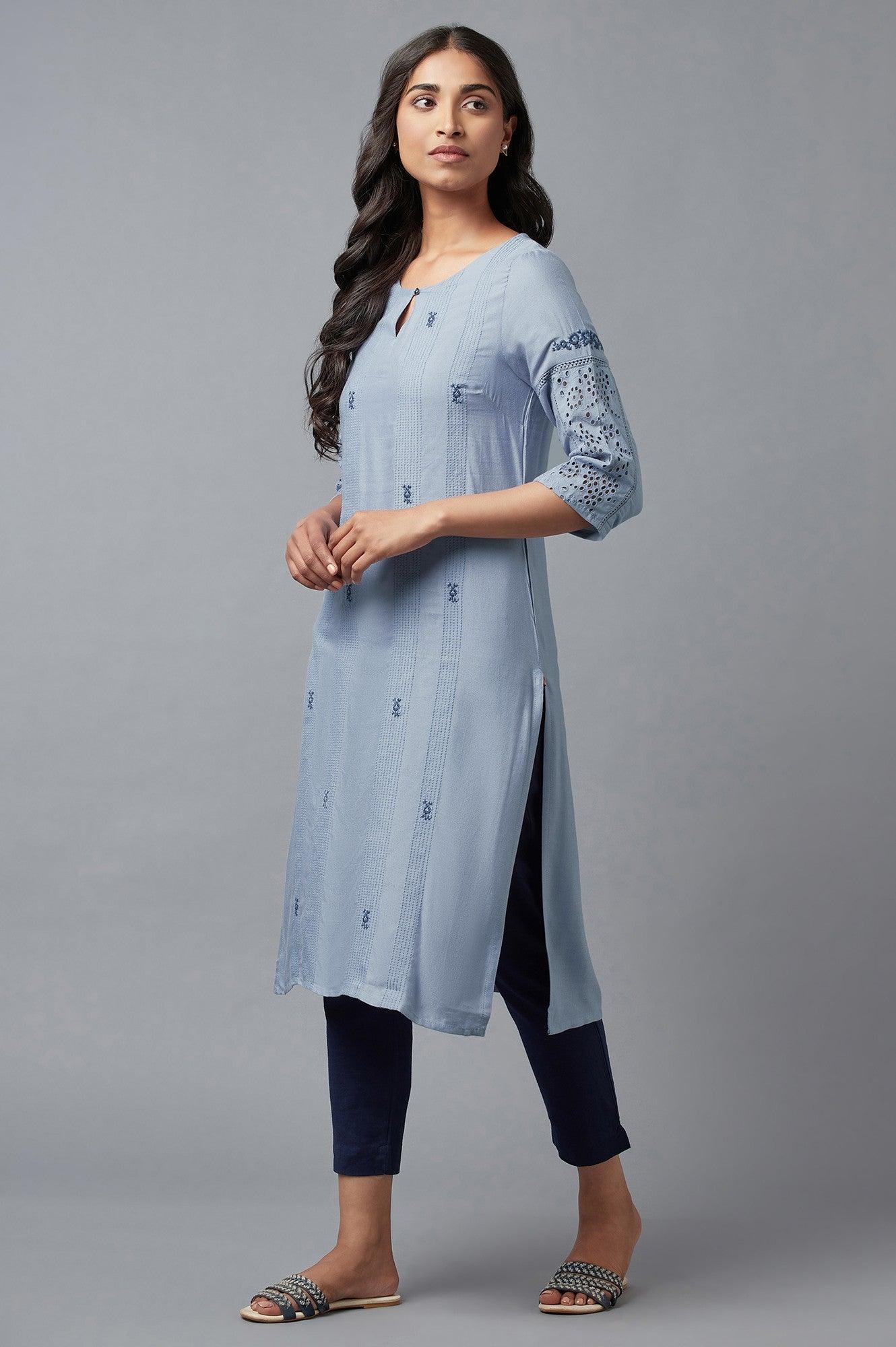Chambray Blue Embroidered kurta - Image 3