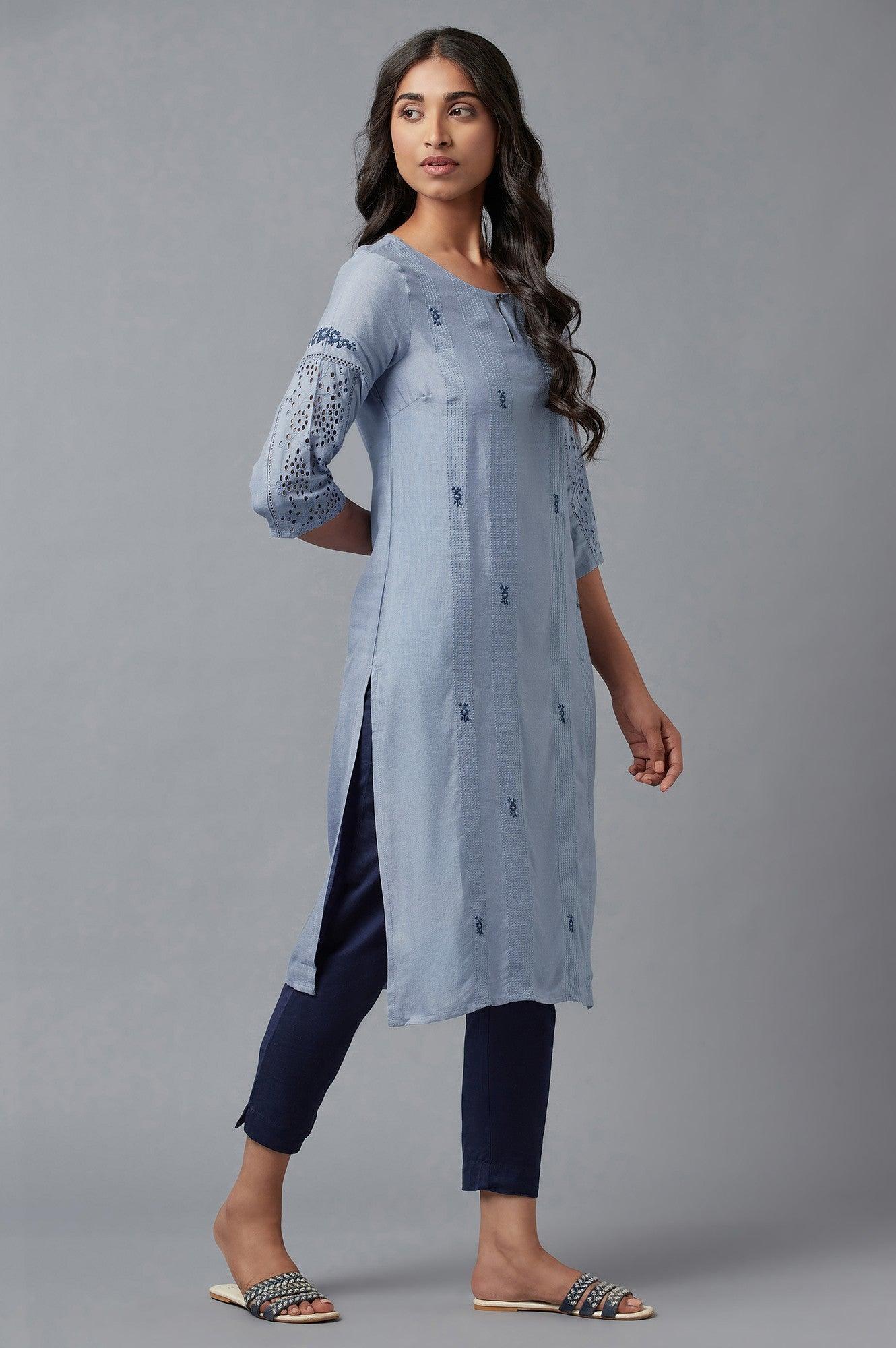 Chambray Blue Embroidered kurta - Image 4