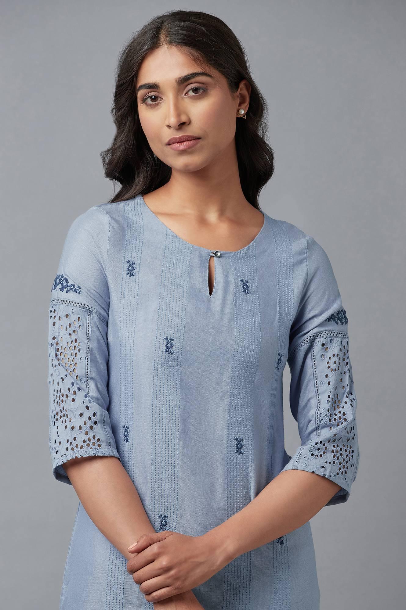 Chambray Blue Embroidered kurta - Image 5