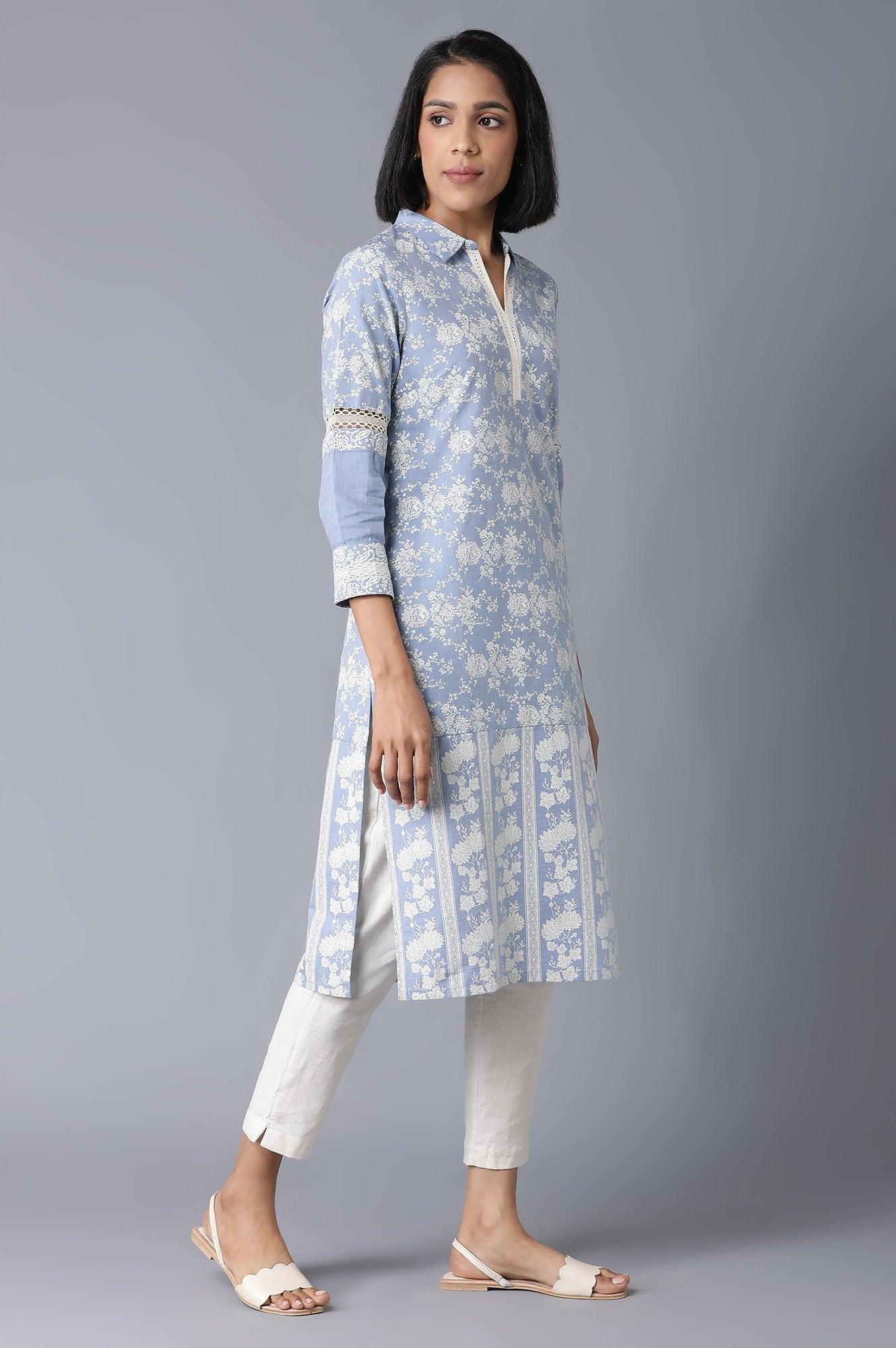 Chambray Blue Floral Printed kurta - Image 4