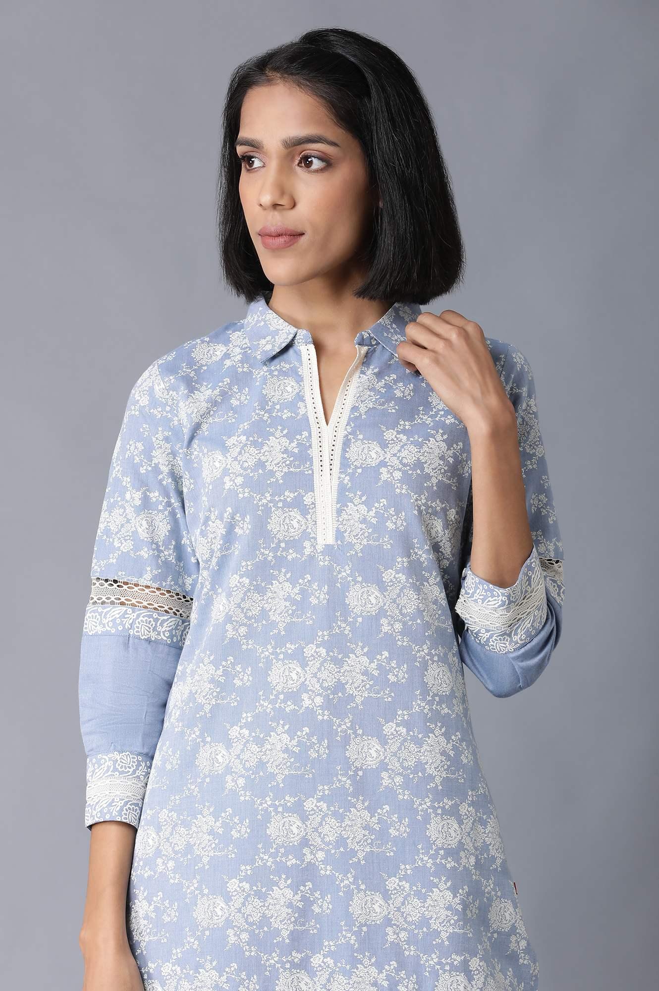 Chambray Blue Floral Printed kurta - Image 5