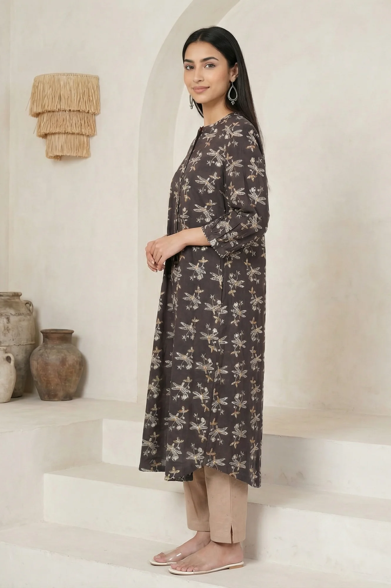 Charcoal Botanical Printed Pure Cotton Pleated Kurta - Image 3