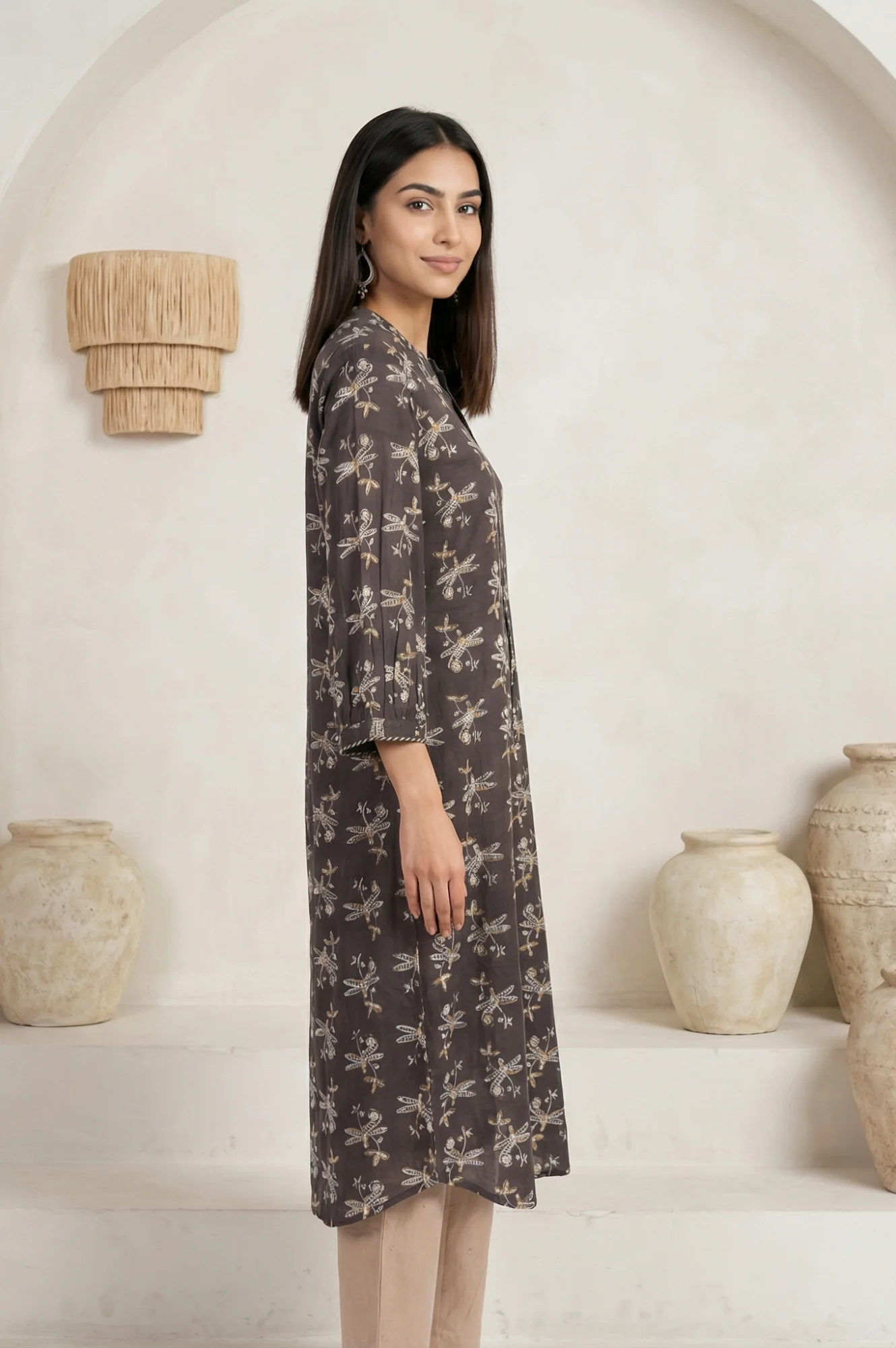 Charcoal Botanical Printed Pure Cotton Pleated Kurta - Image 5