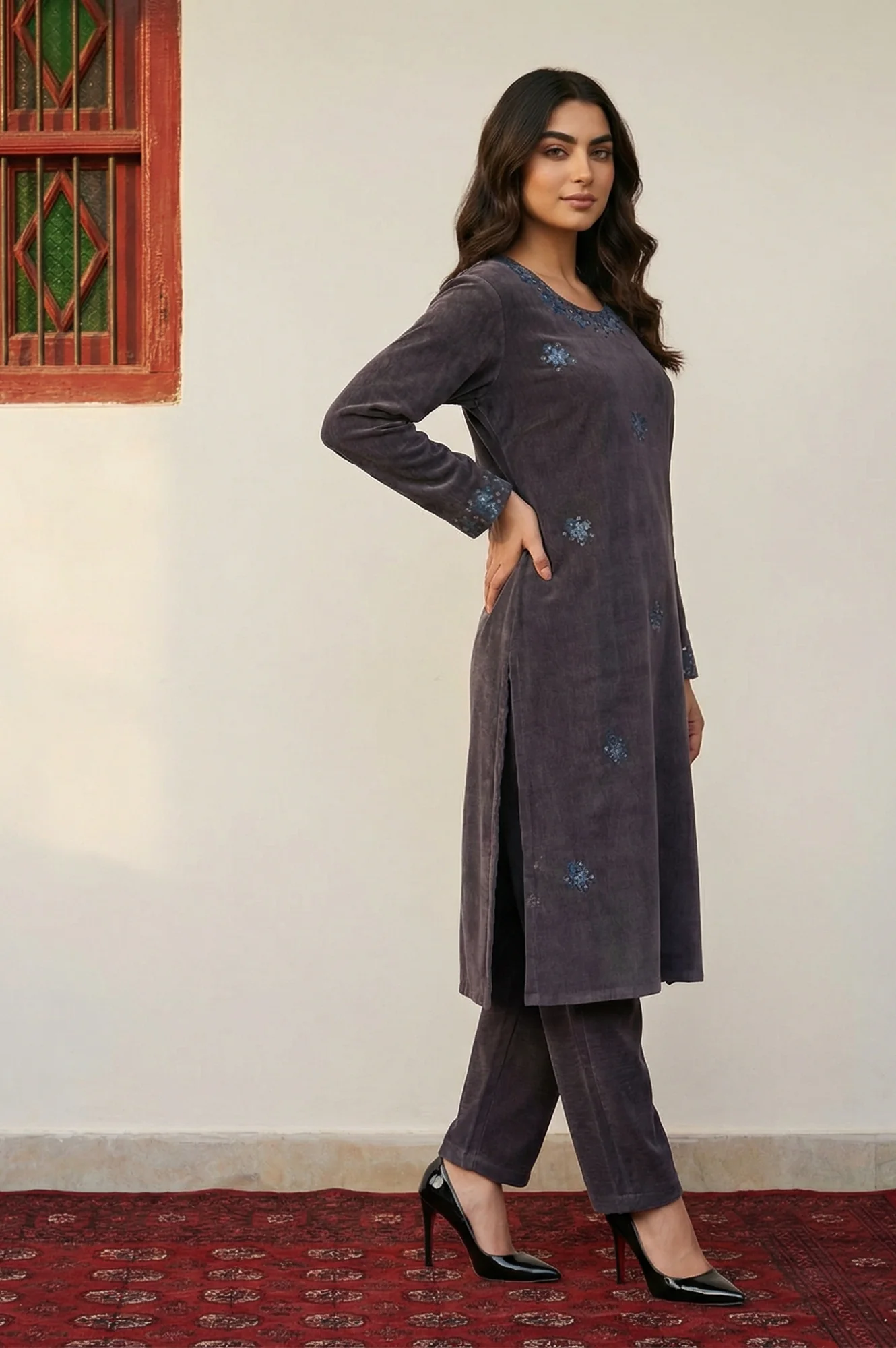 Charcoal Thread Embroidered Straight Velvet Kurta with Pants and Dupatta Set - Image 5