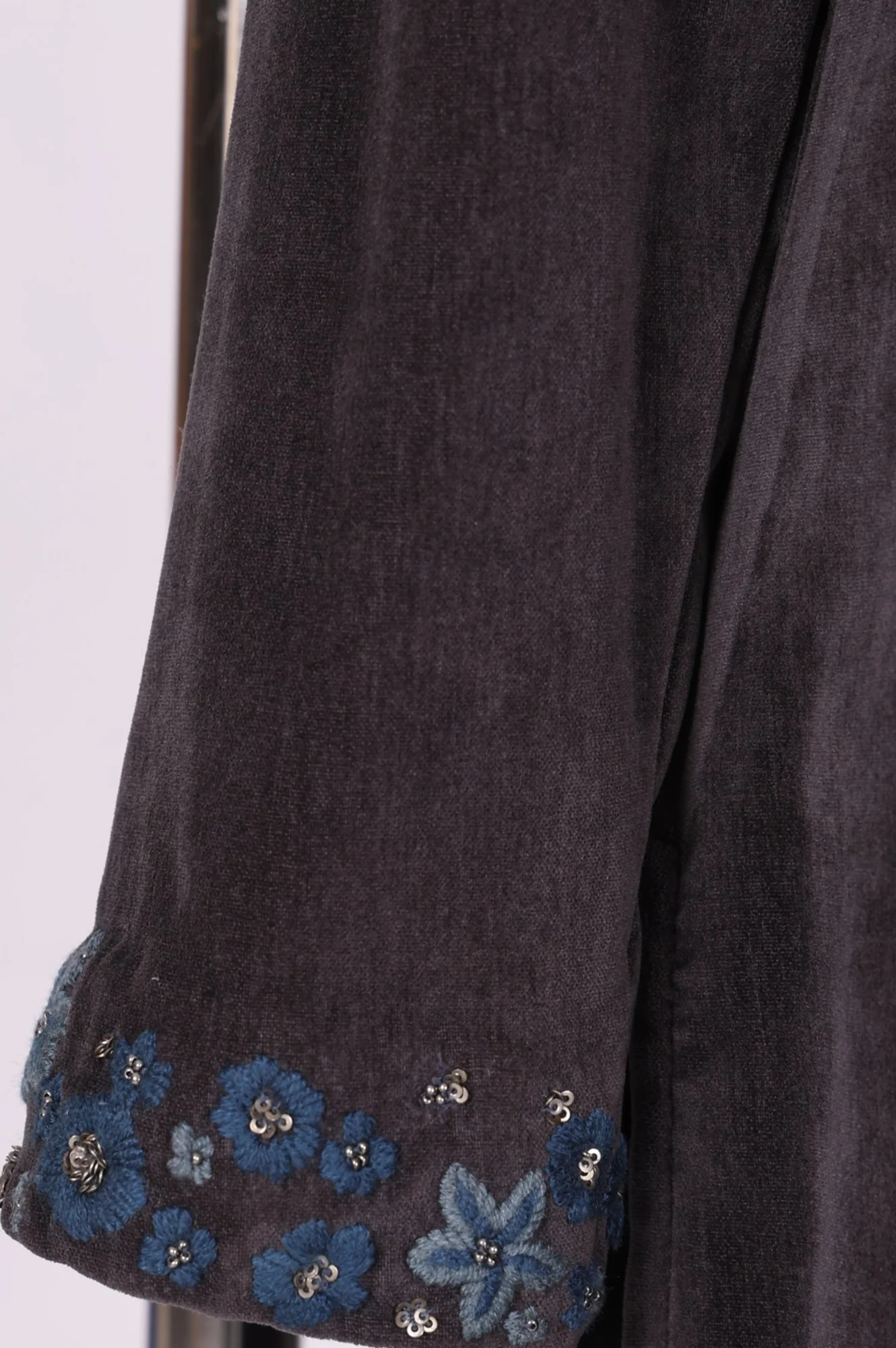 Charcoal Thread Embroidered Straight Velvet Kurta with Pants and Dupatta Set - Image 6
